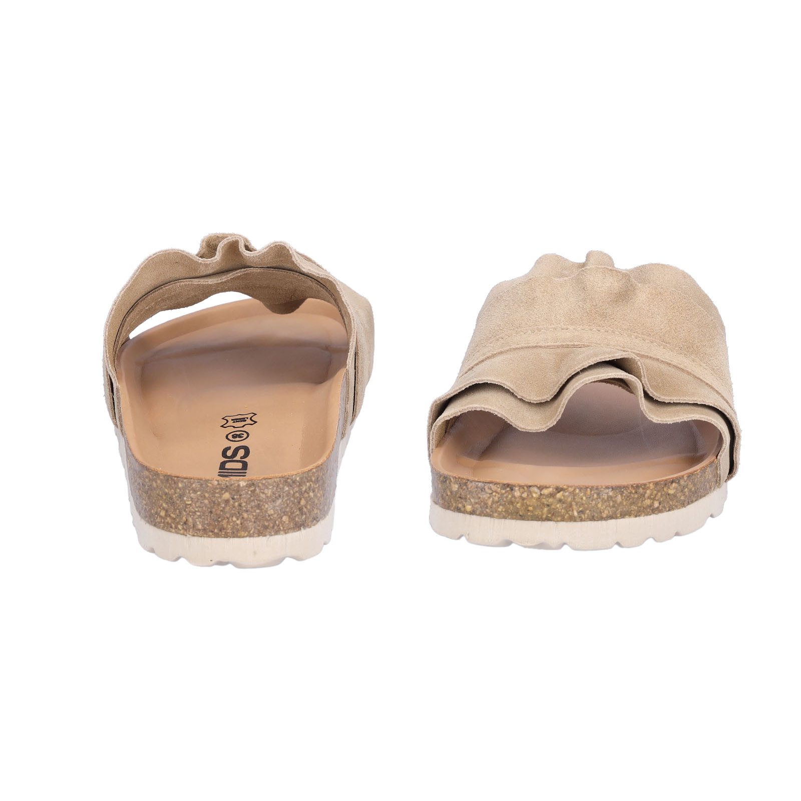 MIDS MIRABEL Damen Pantolette beige aus Velourleder mit Rüschenriemen, Lederfußbett & Korksohle