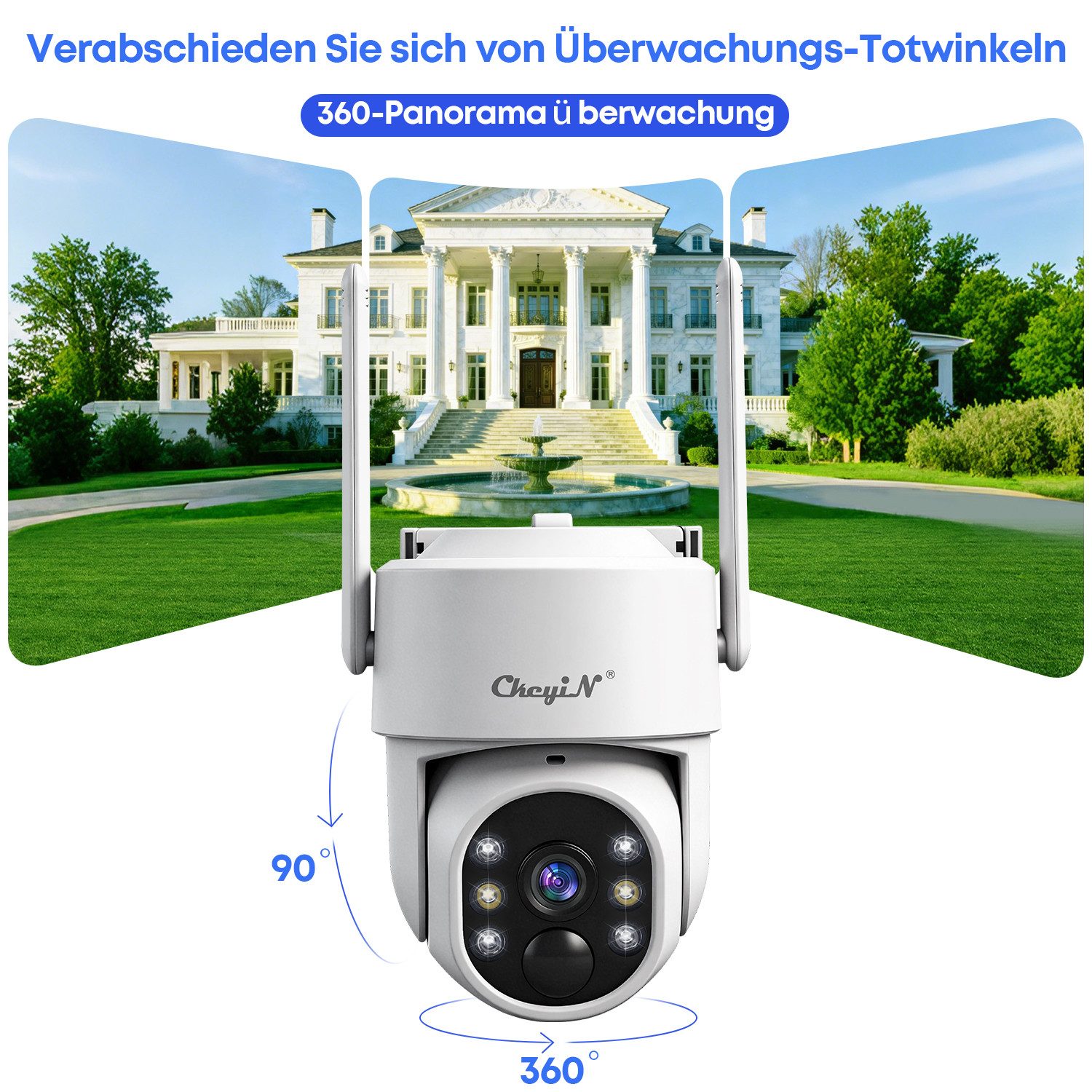 CkeyiN Überwachungskamera außen 360° Solar PTZ Überwachungskamera, 2,4G‑WLAN, 4MP (2K QHD) (Außenbereich, Solarenergieüberwachung, Farbnachtsicht PIR‑Bewegungse – Bild 2 von 5