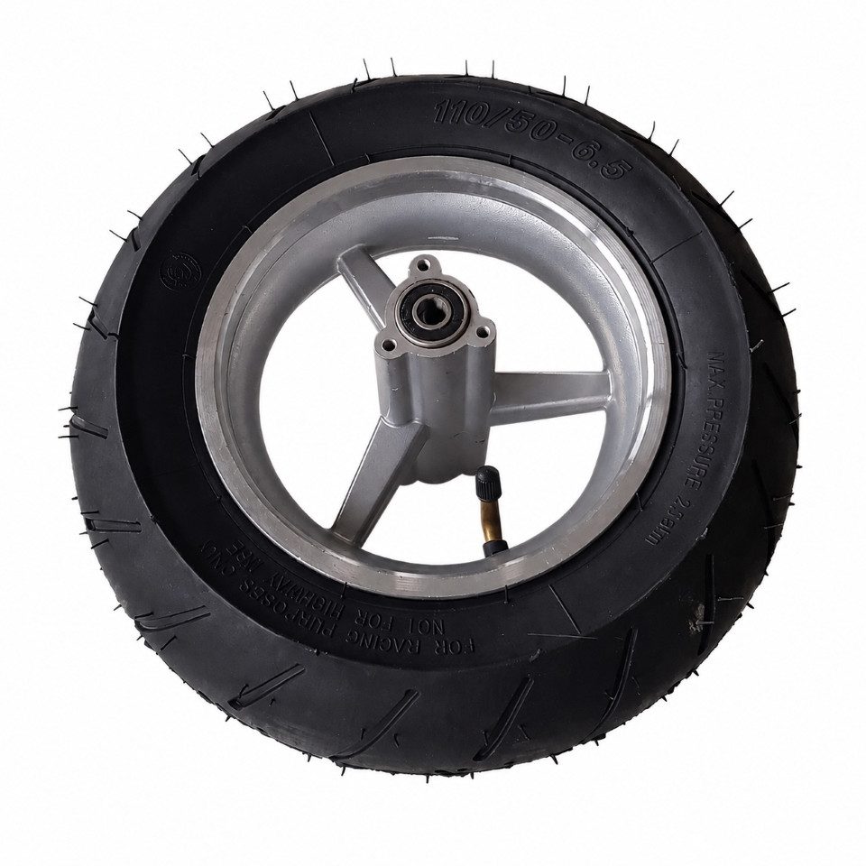 FunSport-Factory Ersatzrad Scooter Hinterrad 110/50-6.5 6,5 Zoll Alufelge 3-Speichen Silber, 3-Speichen-Alufelge, Kugellager 6000, M5-Aufnahme, Racing-Profil