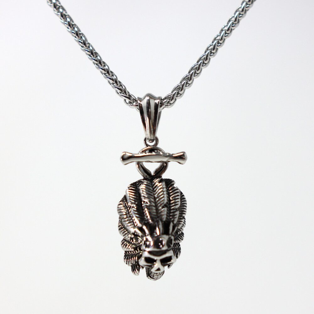 Kette mit Anhänger Lederkette Edelstahlkette 316L FEDERKOPF SKULL