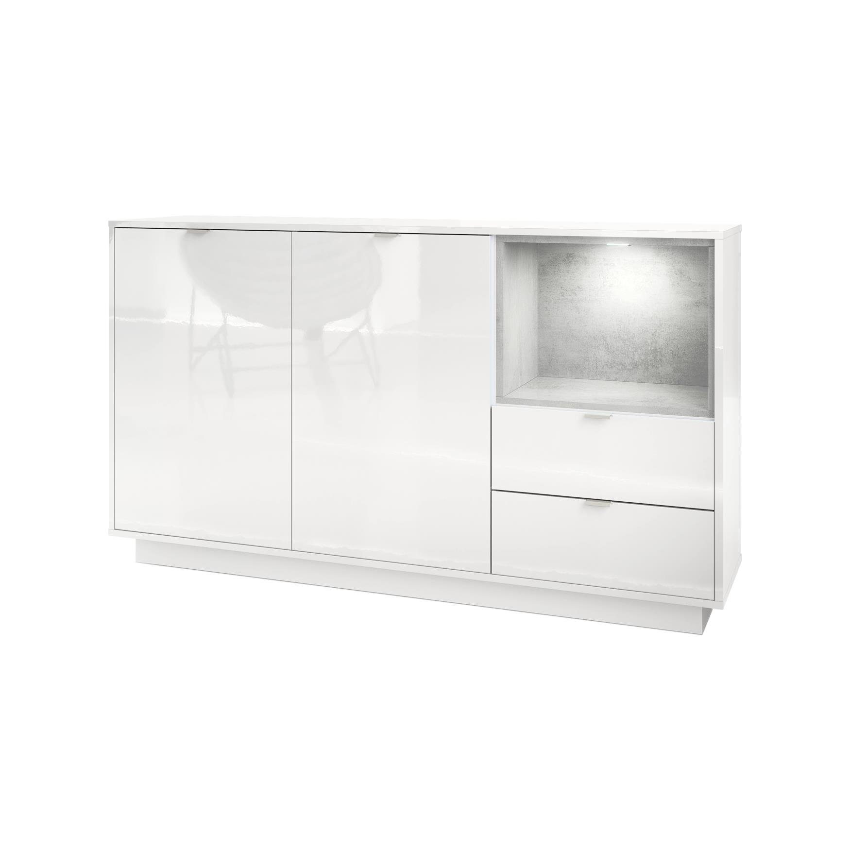 Vladon Sideboard Metro (Kommode, mit 2 Türen, 2 Schubladen und 1 offenem Fach), Weiß Hochglanz/Beton Oxid Optik inkl. LED Beleuchtung (153x88x38 cm)
