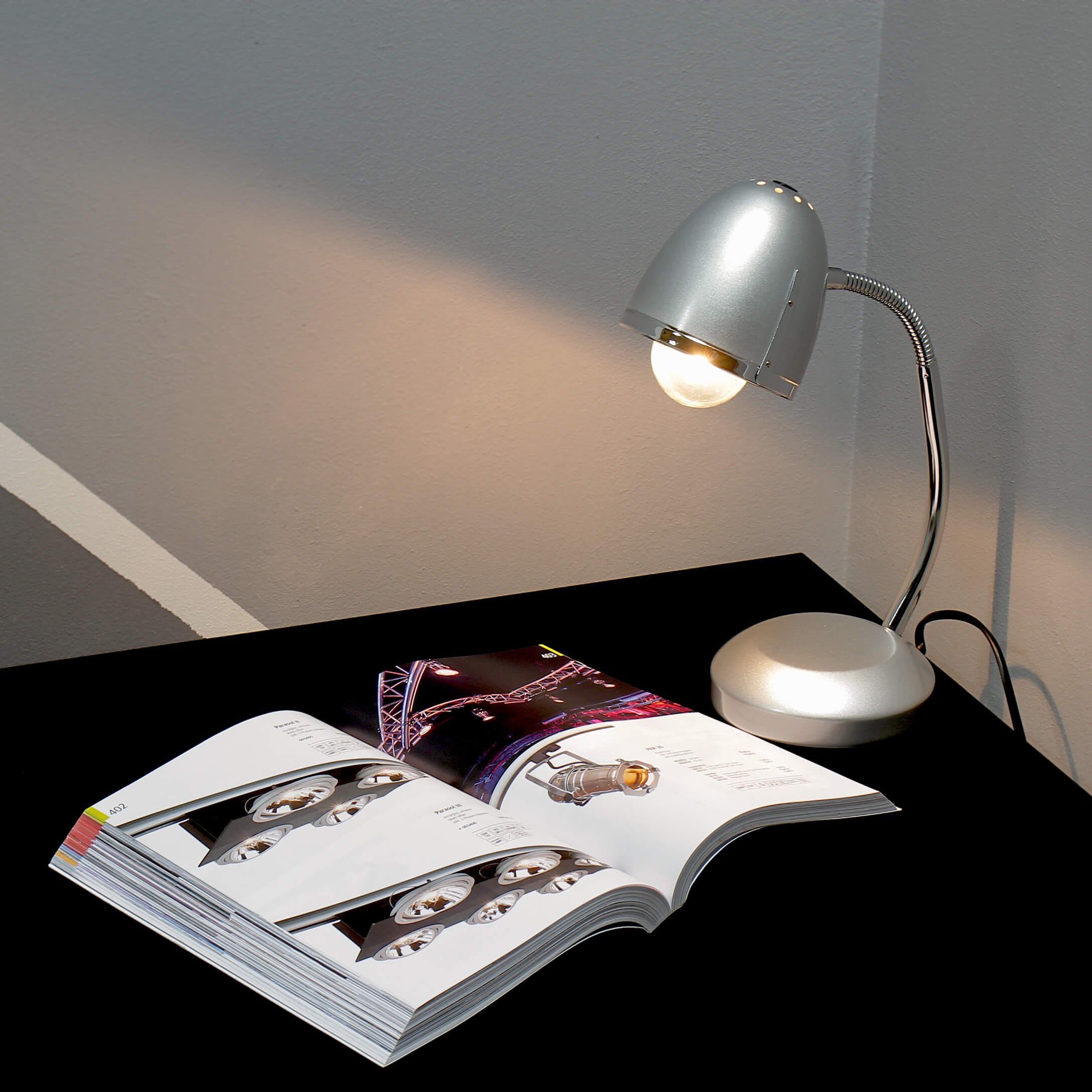 Arbeitszimmer Licht-Erlebnisse Retro Schreibtischleuchte Metall Leuchtmittel, ohne Nachttischlampe POCATELLO, Silber H:36cm