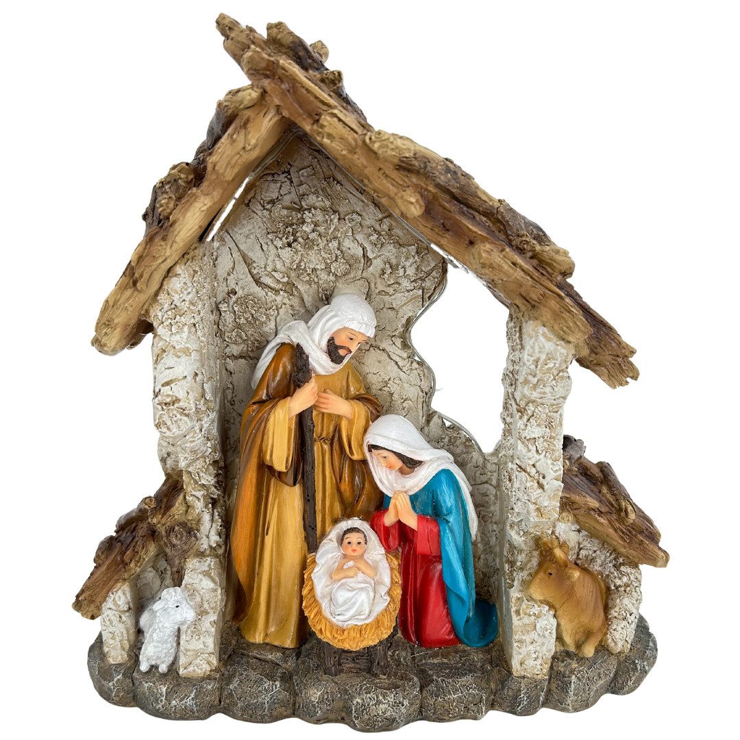 abc HOME Krippenfigur Große Krippenszene, 20 LEDs beleuchtet, Polyresin Stall, 23x23 cm