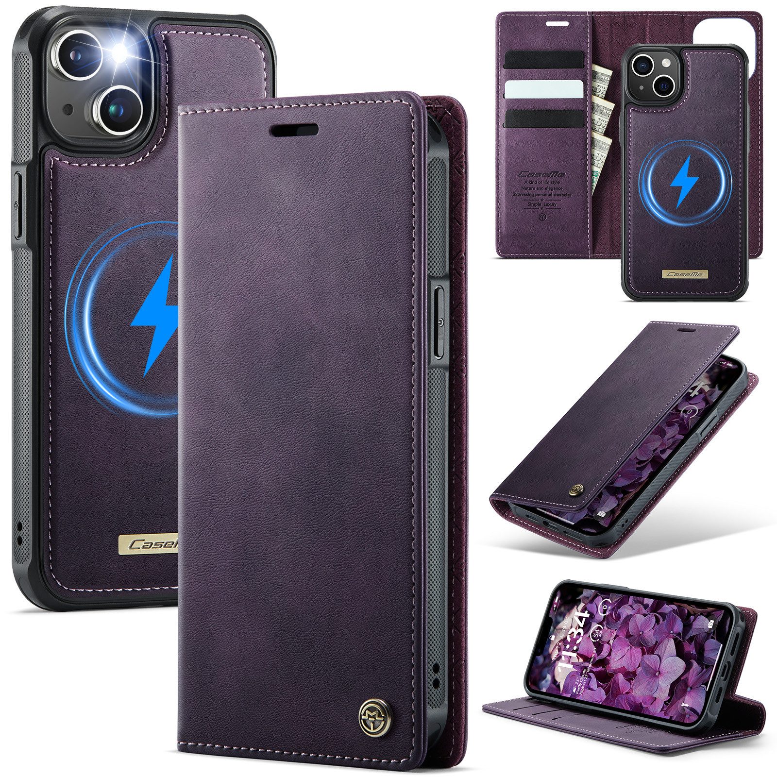 Mycotech Handyhülle Premium 2in1 Klapphülle mit abnehmbarem Magnet Case MagSafe Für iPhone 15, Lila