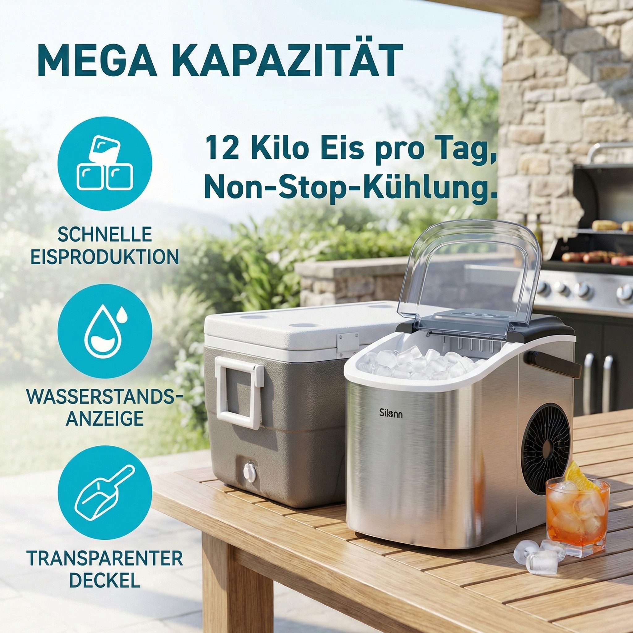 Silonn Eiswürfelmaschine Tragbar Eiswürfelbereiter – 6-minütige Eisherstellung, 2 Eisgrößen, 12kg/Tag, Selbstreinigend, LED-Anzeige – Für Haushalt, Camping & Party