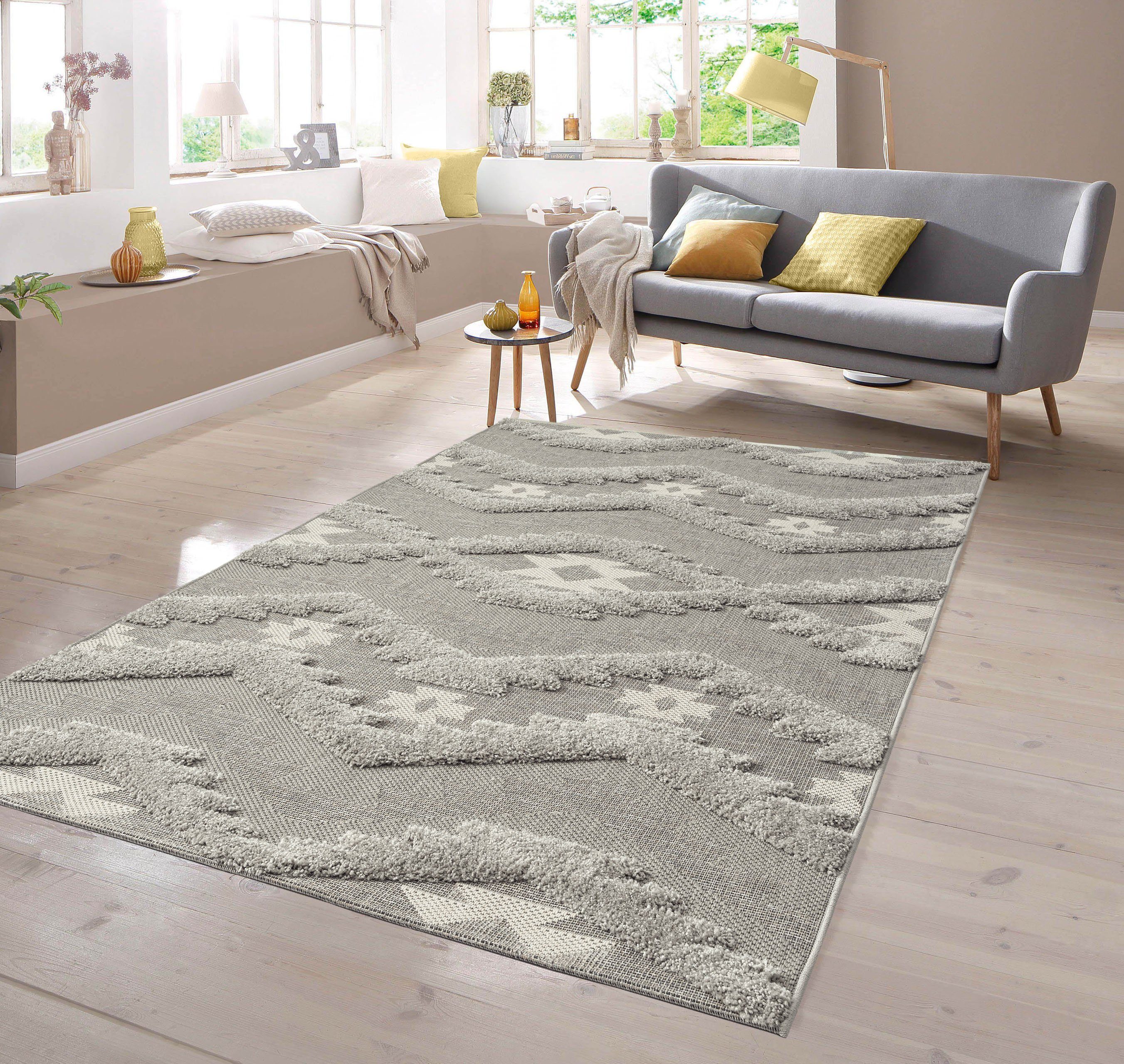Outdoorteppich In- & Outdoor Teppich Sisal Optik Rautenmuster mit  flauschigem Hoch Tief Effekt in grau, TeppichHome24, rechteckig, Höhe: 5 mm