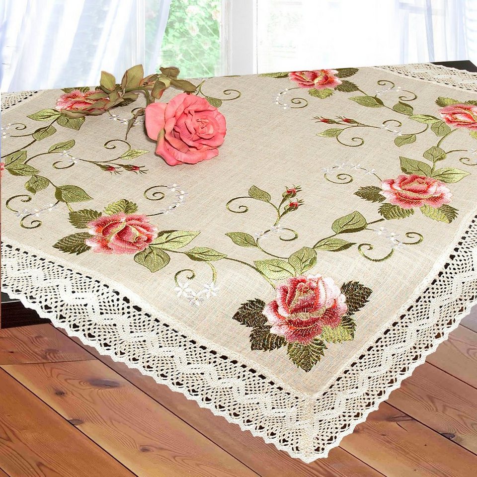 Delindo Lifestyle Mitteldecke Elegante Rosen, Strukturiertes Gewebe,  bestickt