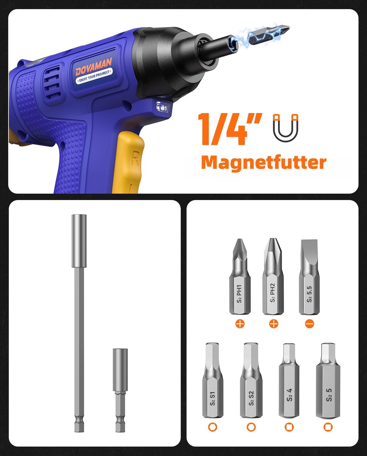 DOVAMAN Akku-Schrauber 6 Nm Drehmoment, integrierter Bit-Aufbewahrung, Type günstig online kaufen