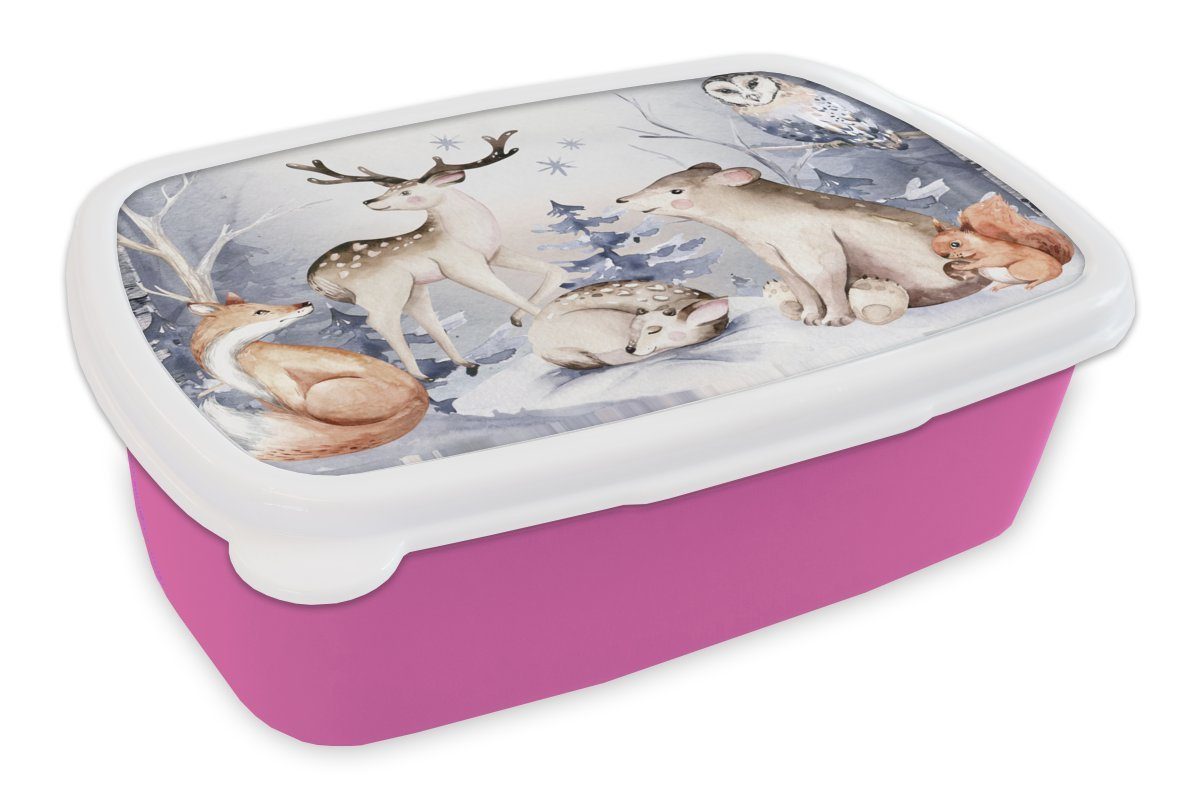 MuchoWow Lunchbox Winter Tiere rosa Erwachsene, Mädchen, Kunststoff Snackbox, Brotdose - Kinder, (2-tlg), für - Schnee, Kunststoff, Brotbox