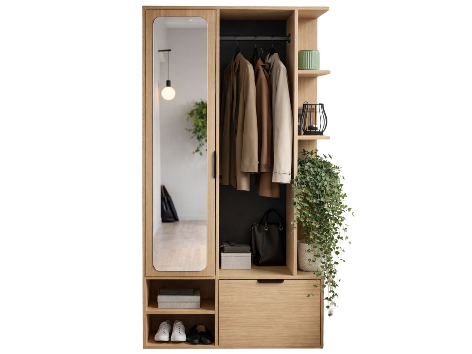 Compleo Garderobenschrank mit Spiegel und mit Kleiderstange ALIS, Verschiedene Farben Flurschrank mit viel Stauraum, Kleiderschrank mit Spiegel – Bild 2 von 4
