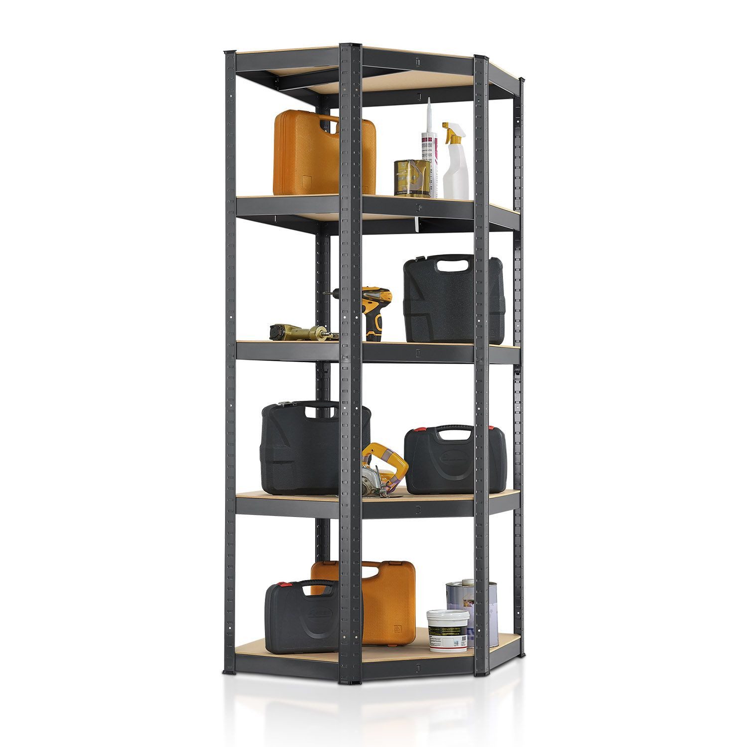 Juskys Eckregal Corner Basic, 5 Böden aus MDF-Holz, 175kg Traglast je Boden, Abstände frei wählbar