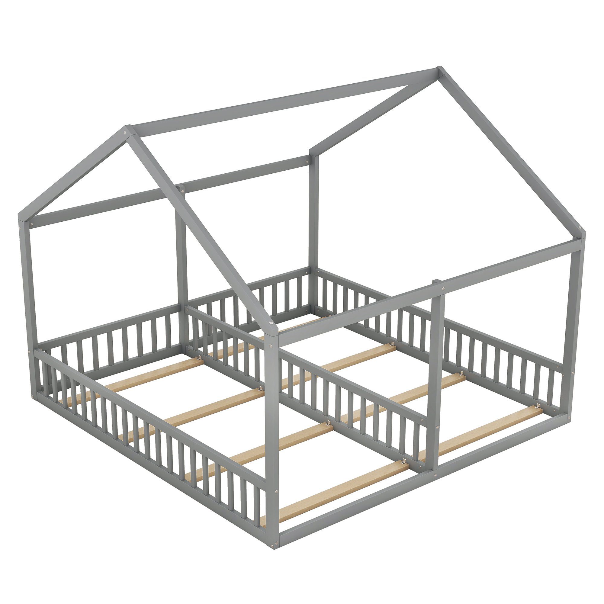 Hausbett grau Schlafgelegenheiten Lattenrost SOFTWEARY 2 mit aus (90x200 Holzbett und cm), Kiefer Kinderbett