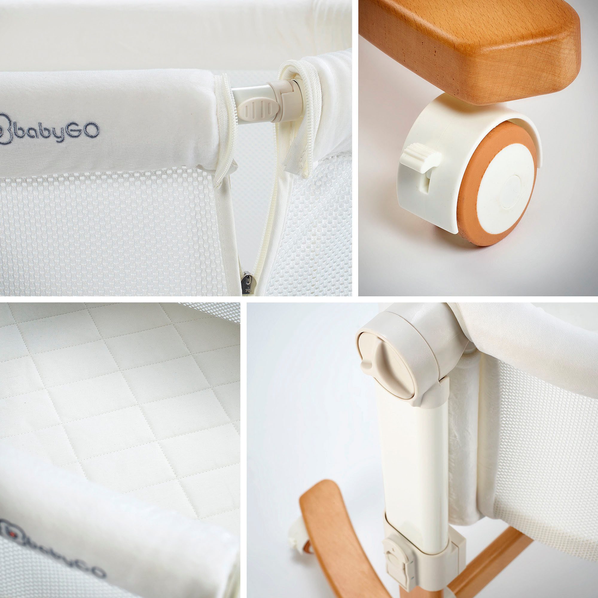 BabyGo Amila bedside crib, beige white, with rocking function