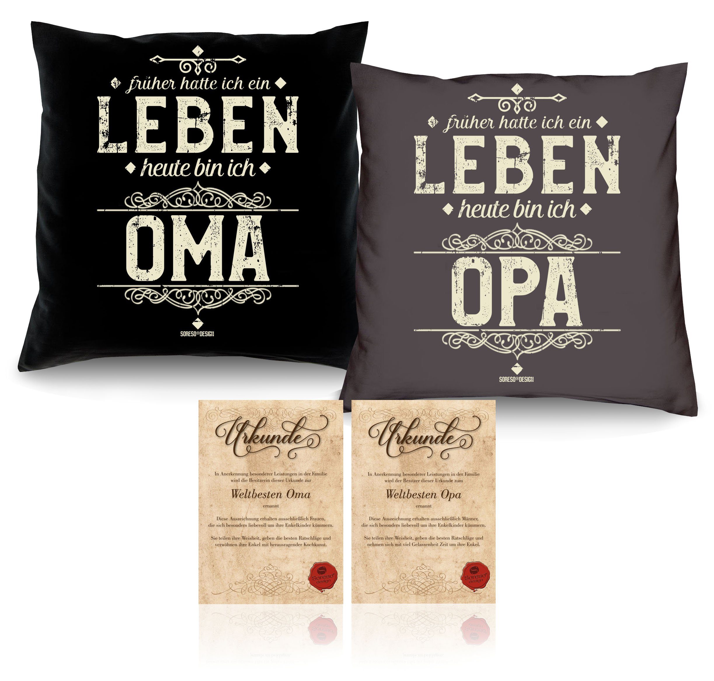 Soreso® Dekokissen Kissen-Set Heute bin ich Oma Heute bin ich Opa mit Urkunden, Weihnachtsgeschenk für Großeltern anthrazit