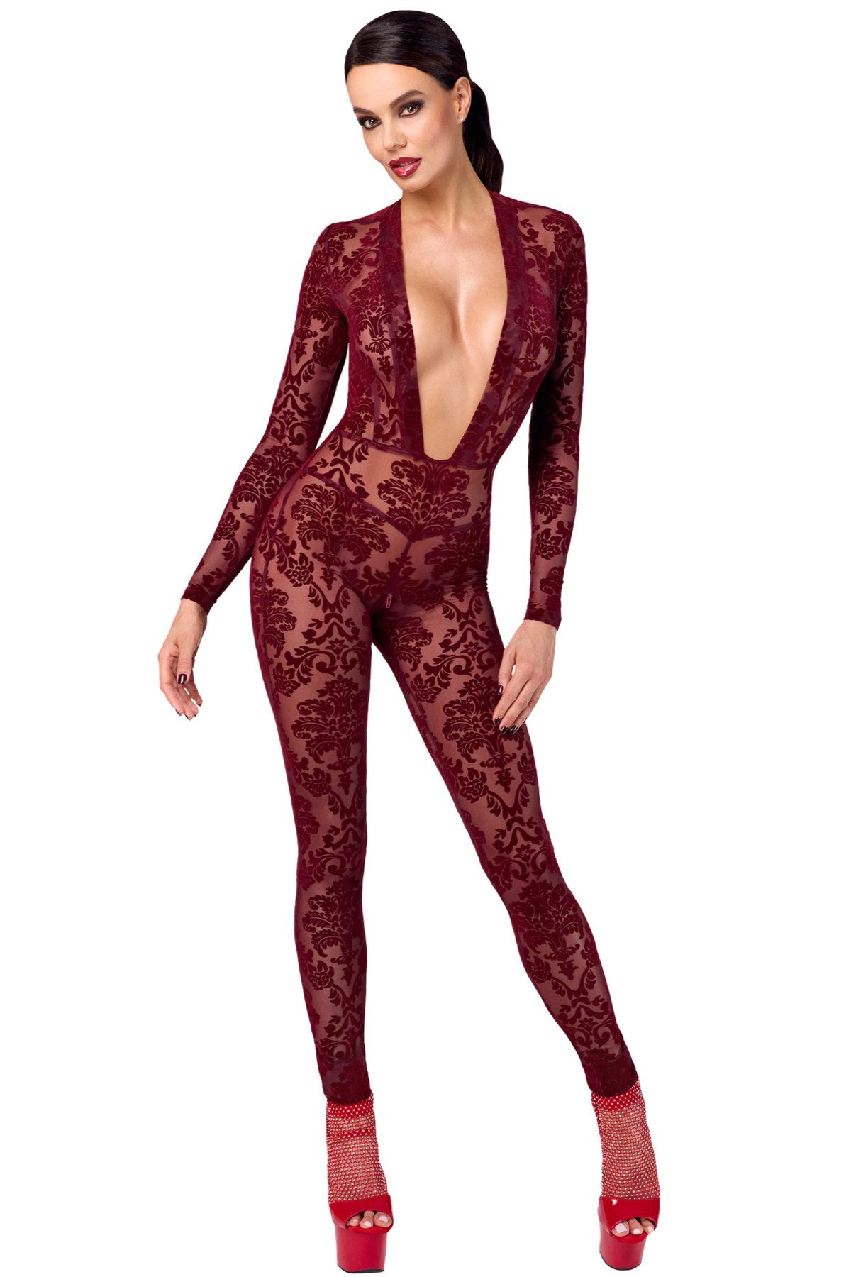 Noir Handmade Overall Damen Tüll Overall rot mit Netz und Ausschnitt transparent offen Front