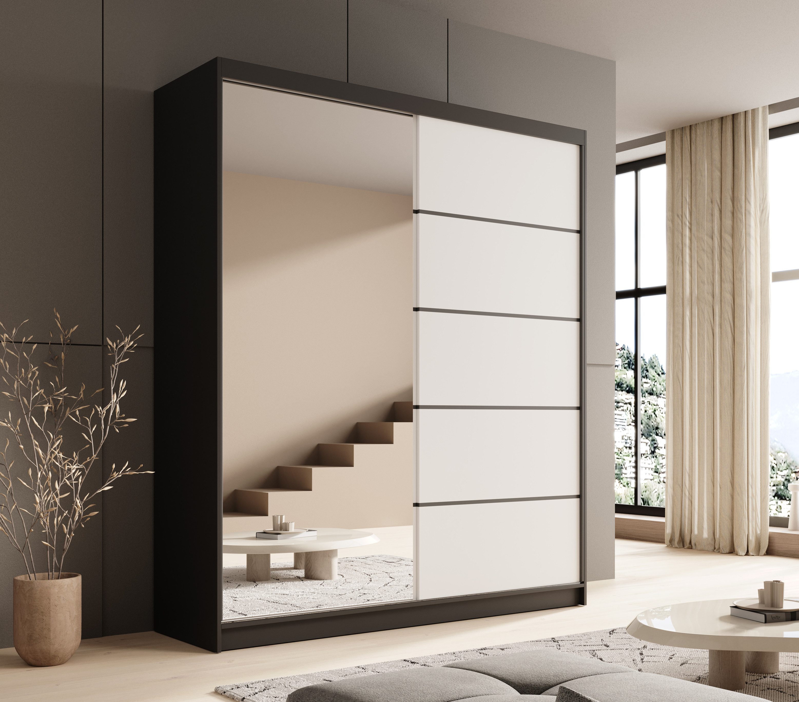 MOEBLO Schiebetürenschrank Nexo 180 (Moderner Kleiderschrank mit Spiegel für Schlafzimmer und Ankleidezimmer, 2 Schiebetüren, 6 Einlegeböden, stabile Kleiderstange, Kleiderschrank 2-türig Schrank Garderobe Schlafzimmer Drehtürenschrank mit Spiegel) (BxHxT): 180x215x58 cm