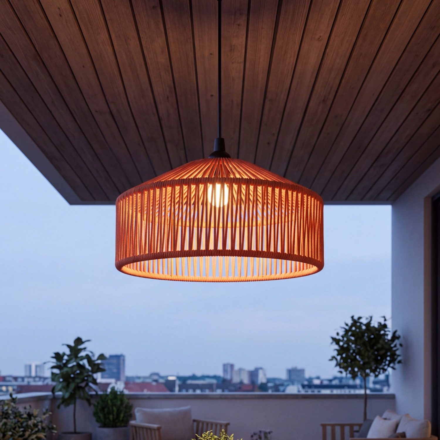 Licht-Erlebnisse Außen-Deckenleuchte JEJU, ohne Leuchtmittel, LED IP54 Ø 30 cm in Terracotta Seil Lampenschirm Boho außen Outdoor
