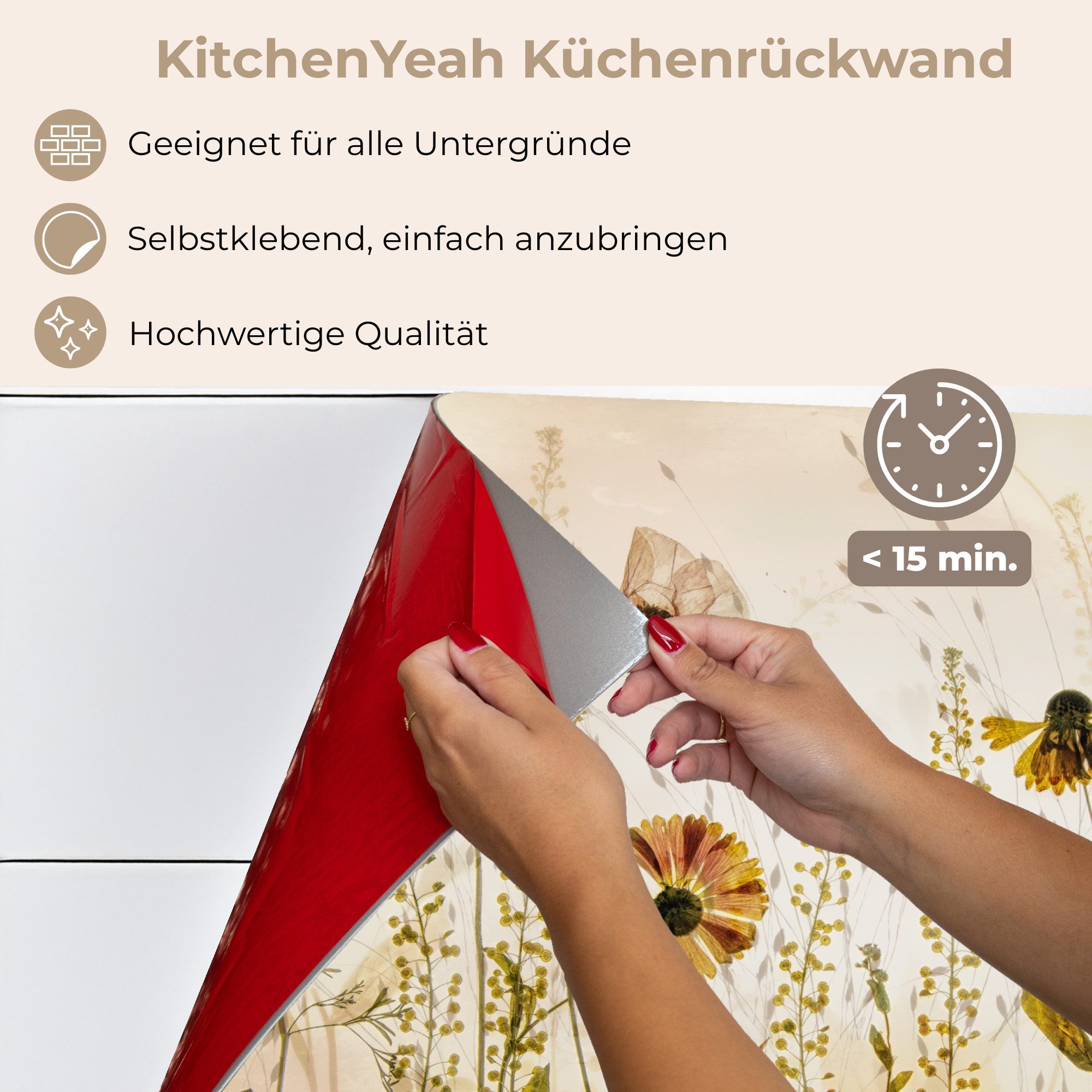 KitchenYeah Küchenrückwand selbstklebend Illustration - Pflanzen - Insekten - Beige, (1-tlg), Spritzschutz, Küche, Rückwand, Küchenwand, Küchenfront, 80x60 cm
