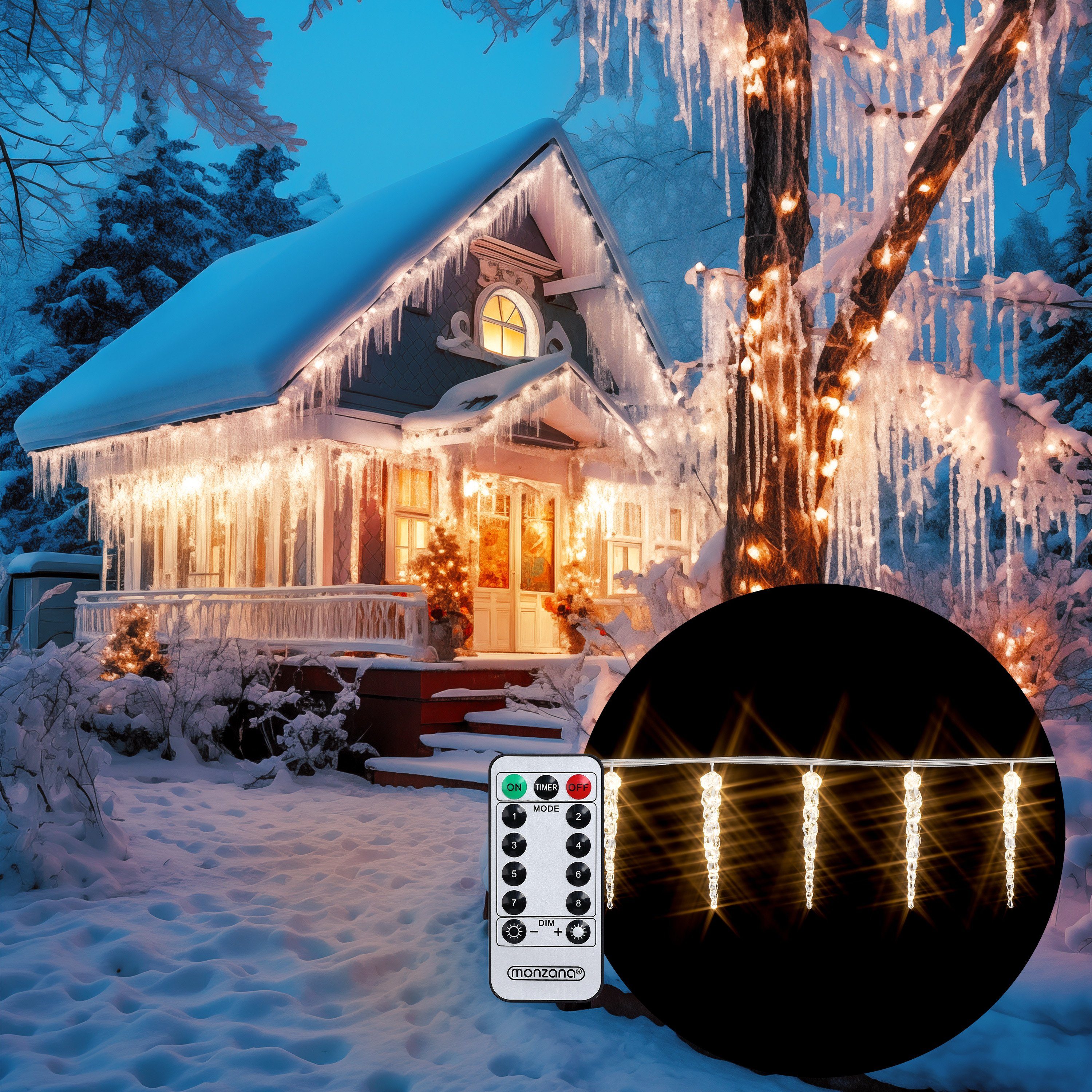 monzana Lichterkette, 80 LEDs Eiszapfenlichterkette Fernbedienung 8 Leuchtmodi