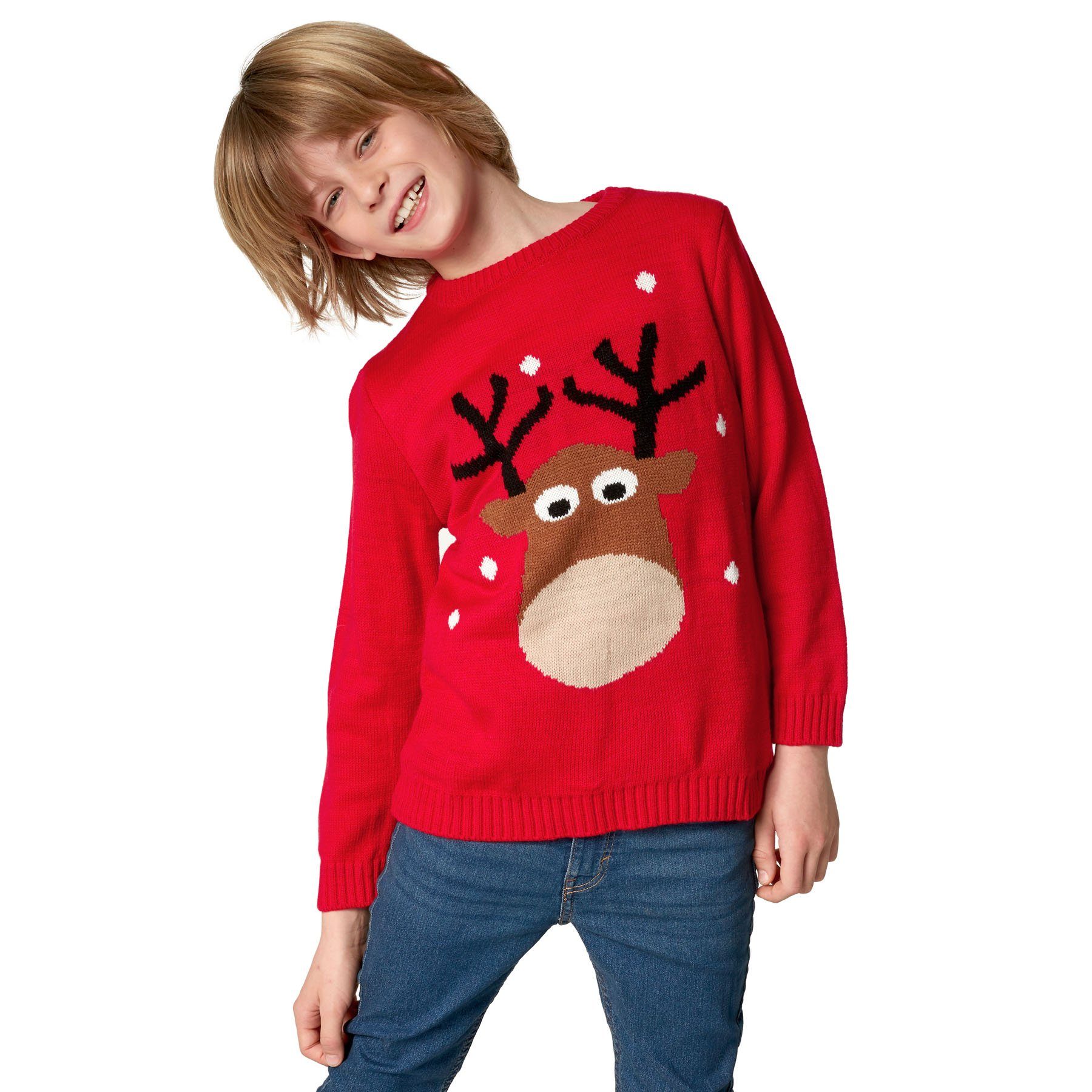 dressforfun Weihnachtspullover Festtagspullover, Strickpullover für Kinder in Rot, Weiß und Braun (Nikolauspullover, Konfektionsgröße 140 (9-10 Jahre) in rot) Für viele Outfits & Anlässe, Lustiges Rentier-Motiv mit Schneeflocken