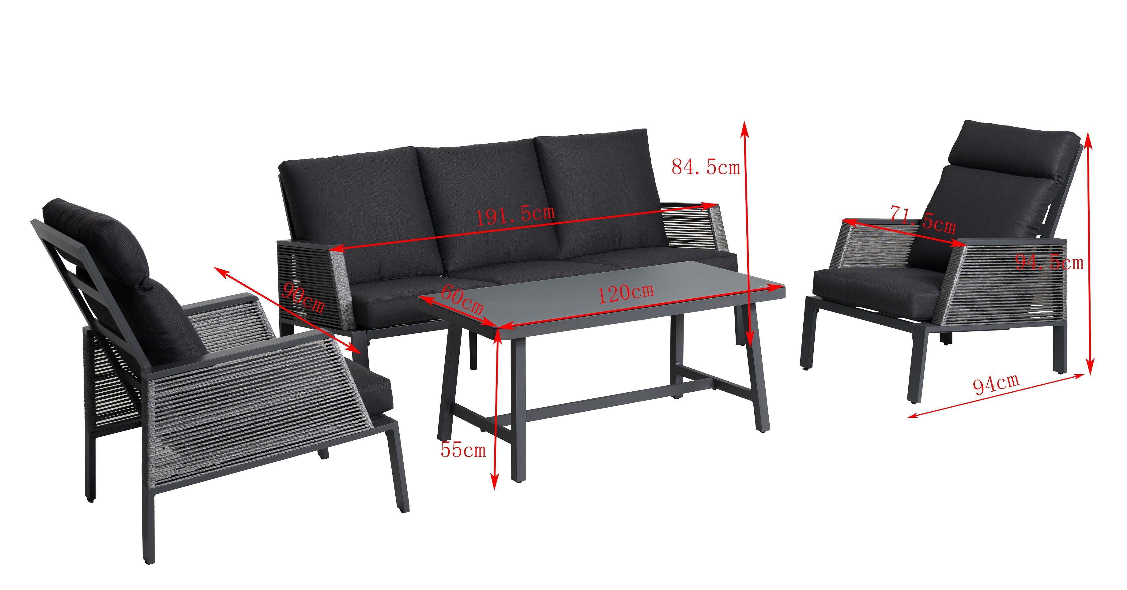 Gardissimo Gartenlounge-Set Roma Lounge / Gartenmöbelset / Rope, (Set, 4-tlg., Alu, Tisch, 2 Sessel, Loungebank, inkl. Auflagen), inkl. Auflagen