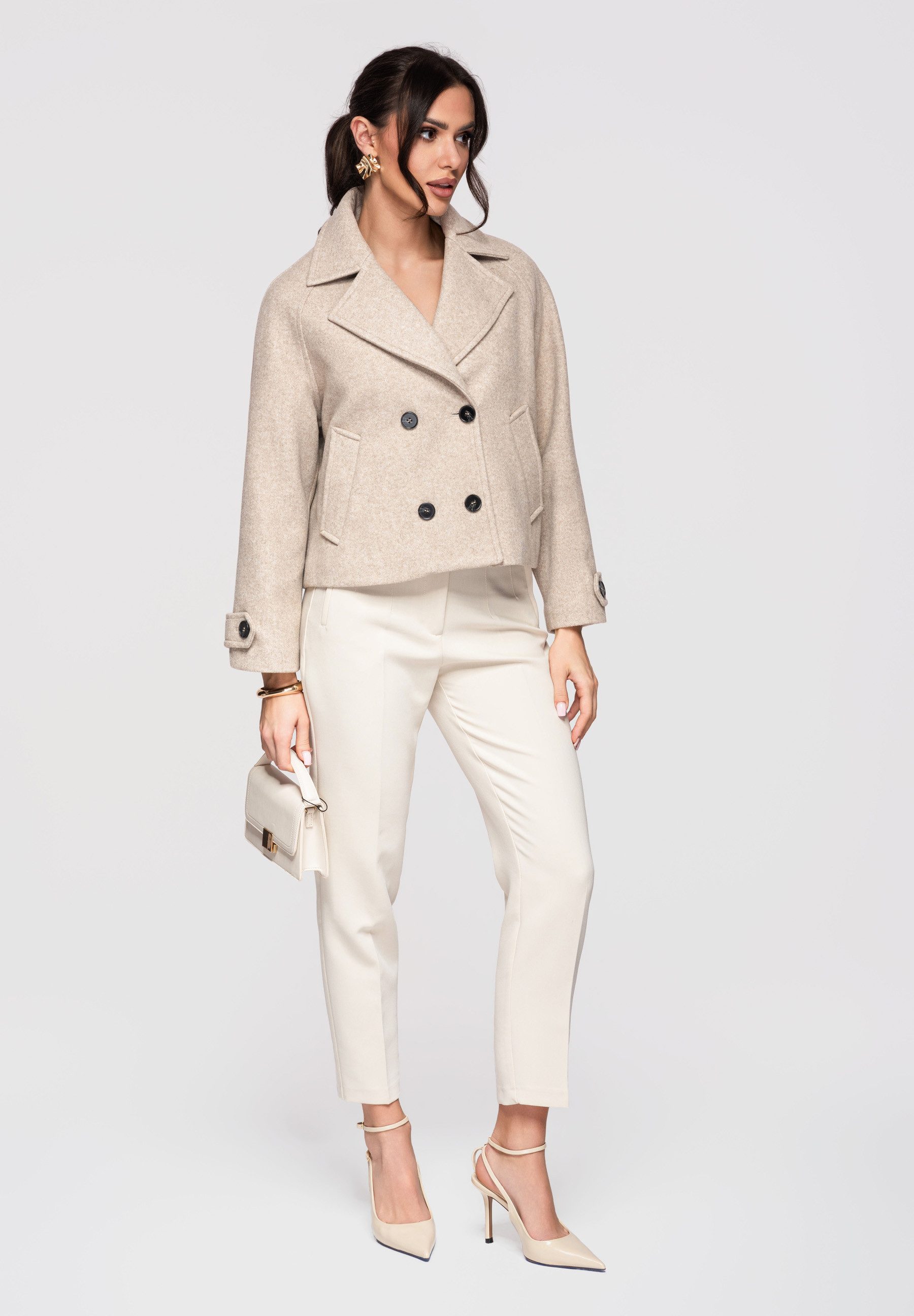 OMBRE Trenchcoat Damen Peacoat Kurzmantel Oversize Casual Taupe XL (kein Set, 1-tlg) Zweireihige Knopfleiste, breite Revers