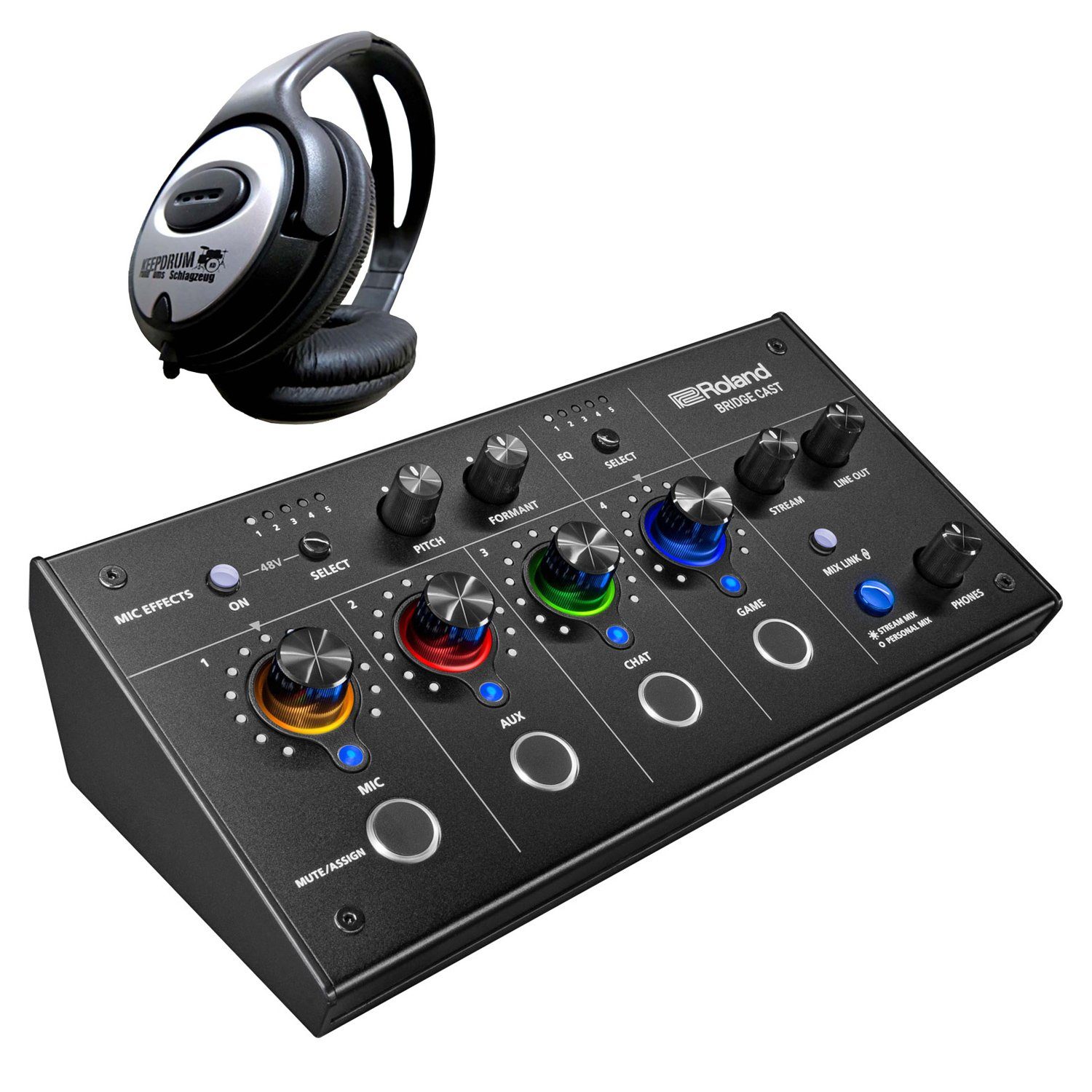 Mischpult Roland Bridge Cast Dual Bus Gaming Mixer mit Kopfhörer