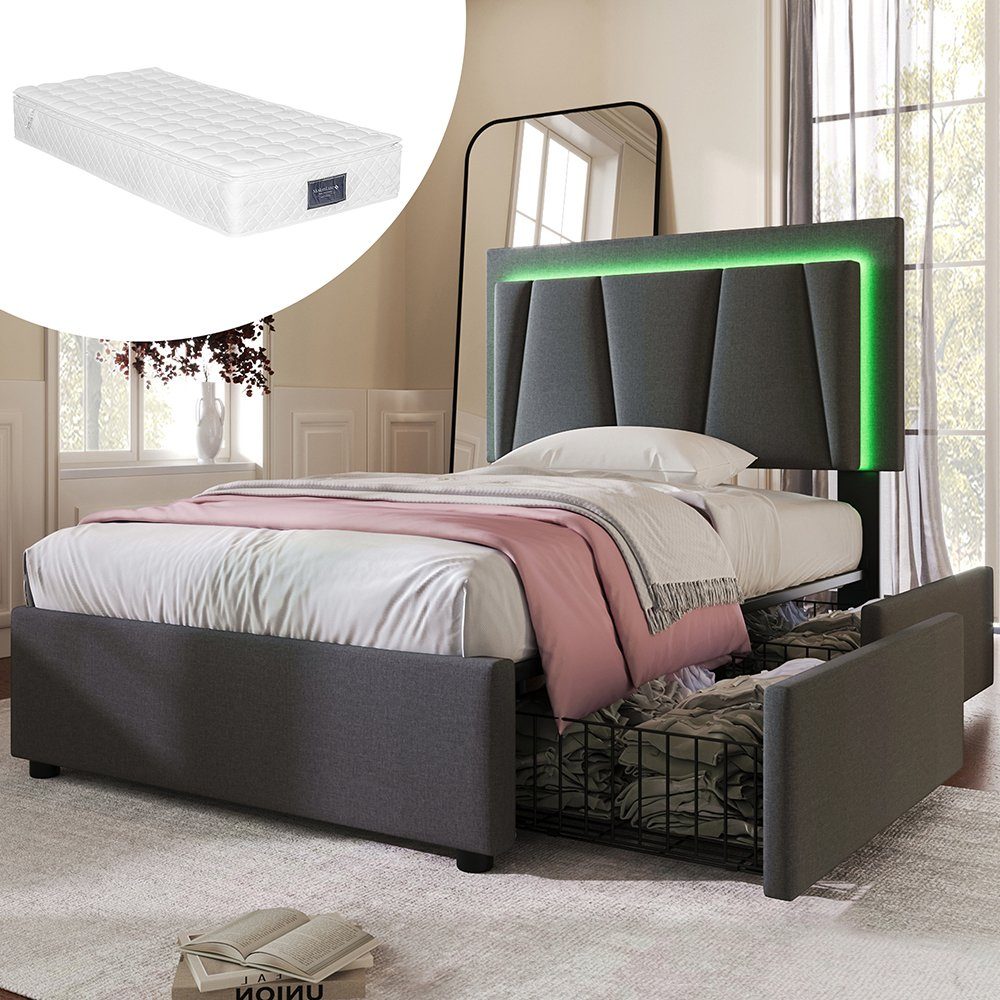 Polsterbett (Stauraumbett, mit Matratze), Einzelbett 90x200cm mit LED-Beleuchtung und 2 Schubladen