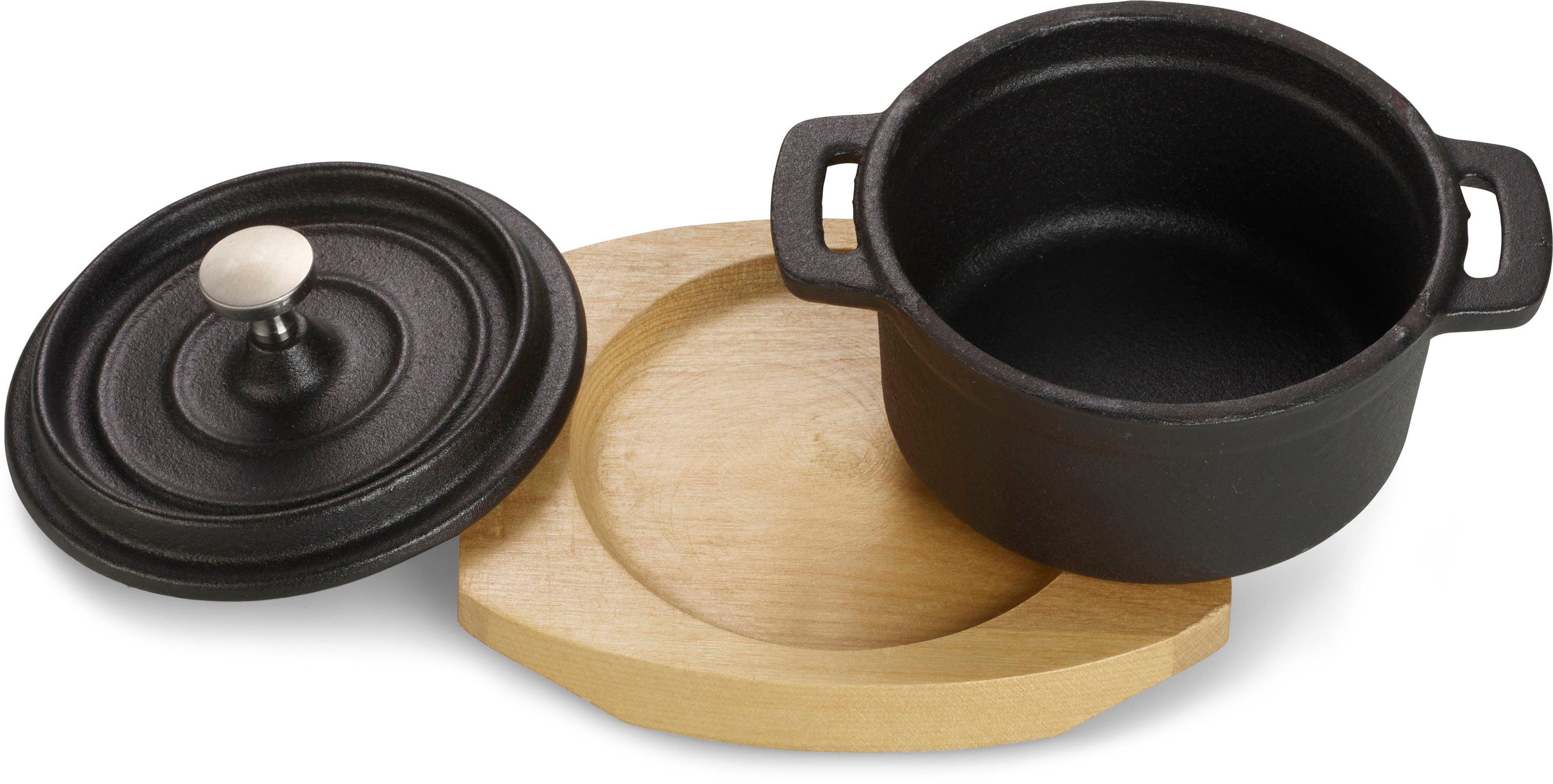 ECHTWERK Kochtopf Mini Cocotte, Emaille, Gusseisen, für Backöfen, Grill, BBQ, Induktion, mit Servierbrett, 200 ml, Ø 10 cm