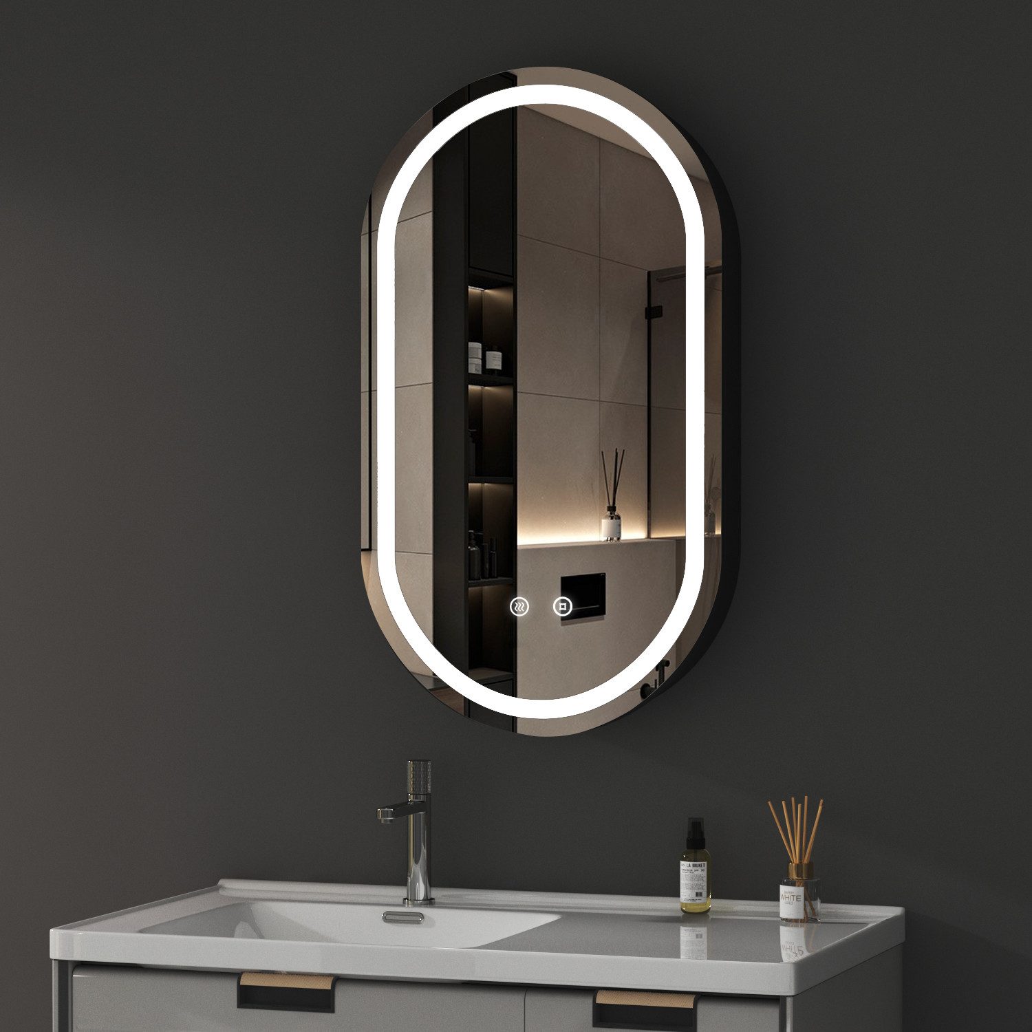 WDWRITTI Badezimmerspiegelschrank Oval Spiegelschrank Schwarz mit Beleuchtu günstig online kaufen