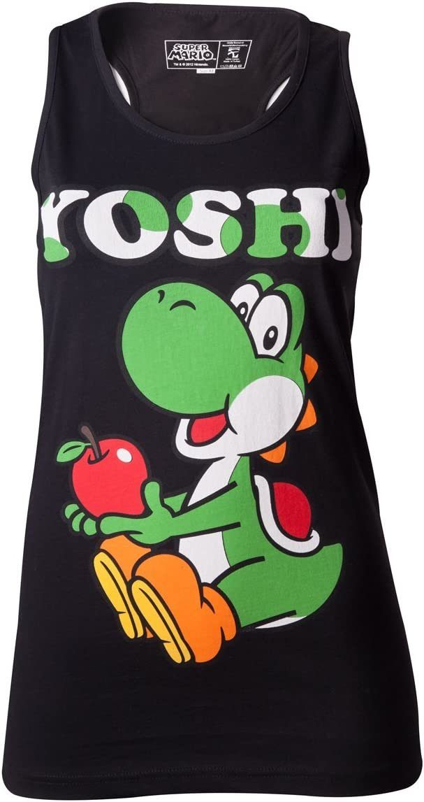 Super Mario Tanktop Super Mario Tank Damen Shirt Schwarz YOSHI lang geschnitten Gr. S M