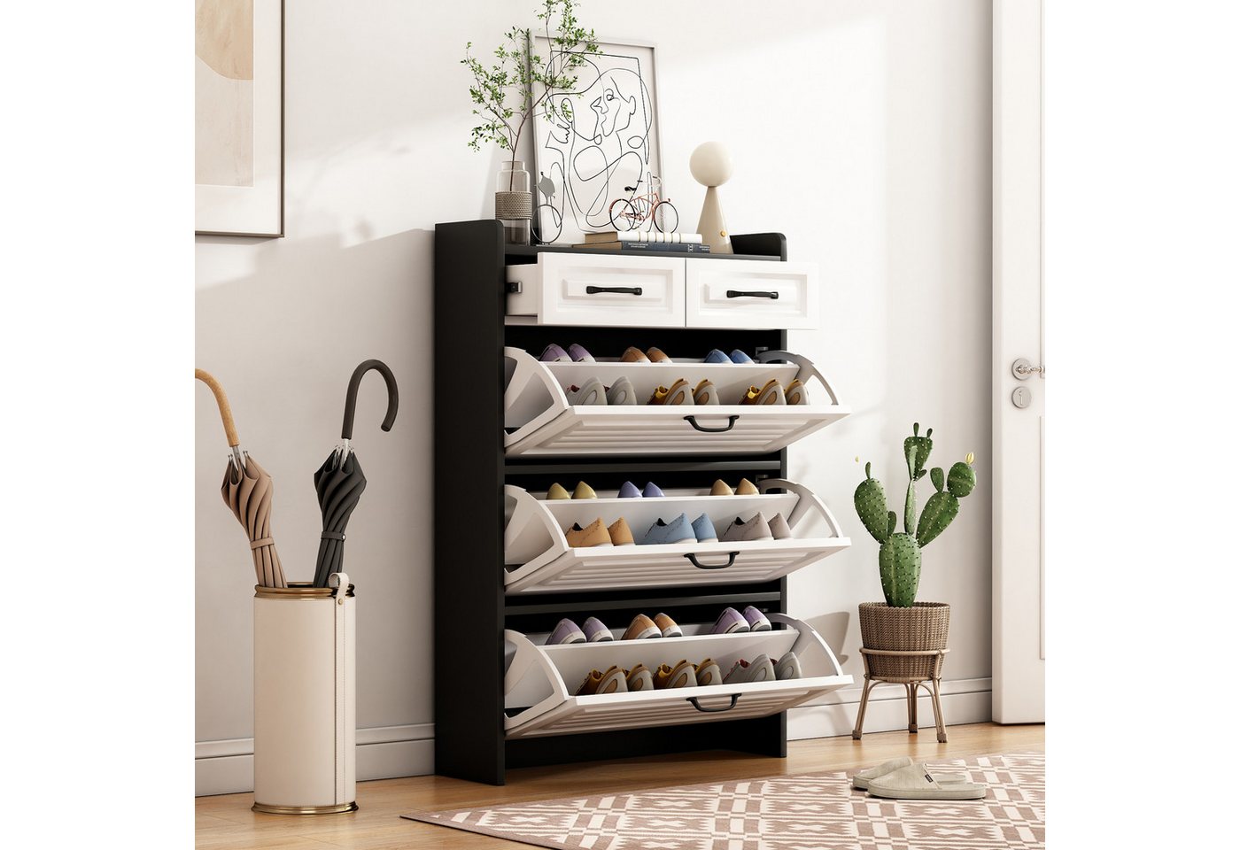 Merax Schuhkipper Schuhschrank mit 3 Klappen und 2 Schubladen, Schmal Schuhregal (1 St), Schuhkommode mit schubladen, Schuhregal Landhaus