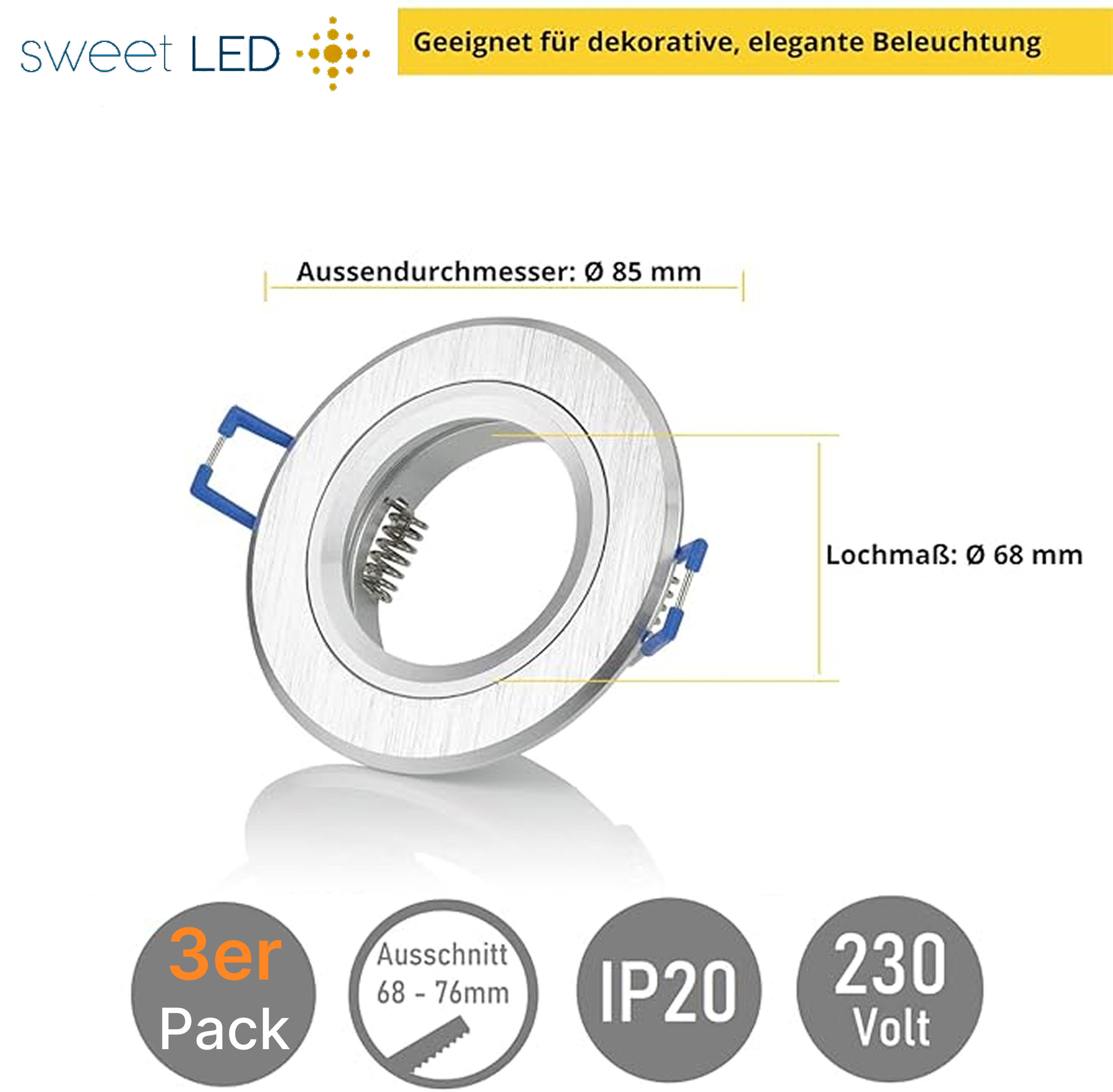 Sweet LED LED Einbaustrahler flach schwenkbar Modul 3-CCT 3er Set LED Deckenspots 230V 5W Dimmbar, 3000K warmweiß/ 4000K neutralweiß/ 6500K kaltweiß, Deckenspots, Ø 85 mm, Einbauleuchte