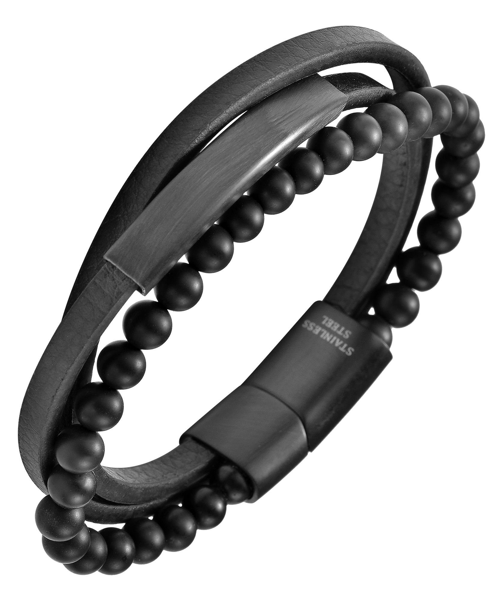 Unisex mit Lederarmband AKZENT Gravurplatte Armband Seza Schwarz aus (einzeln) und Leder Onyxkugeln
