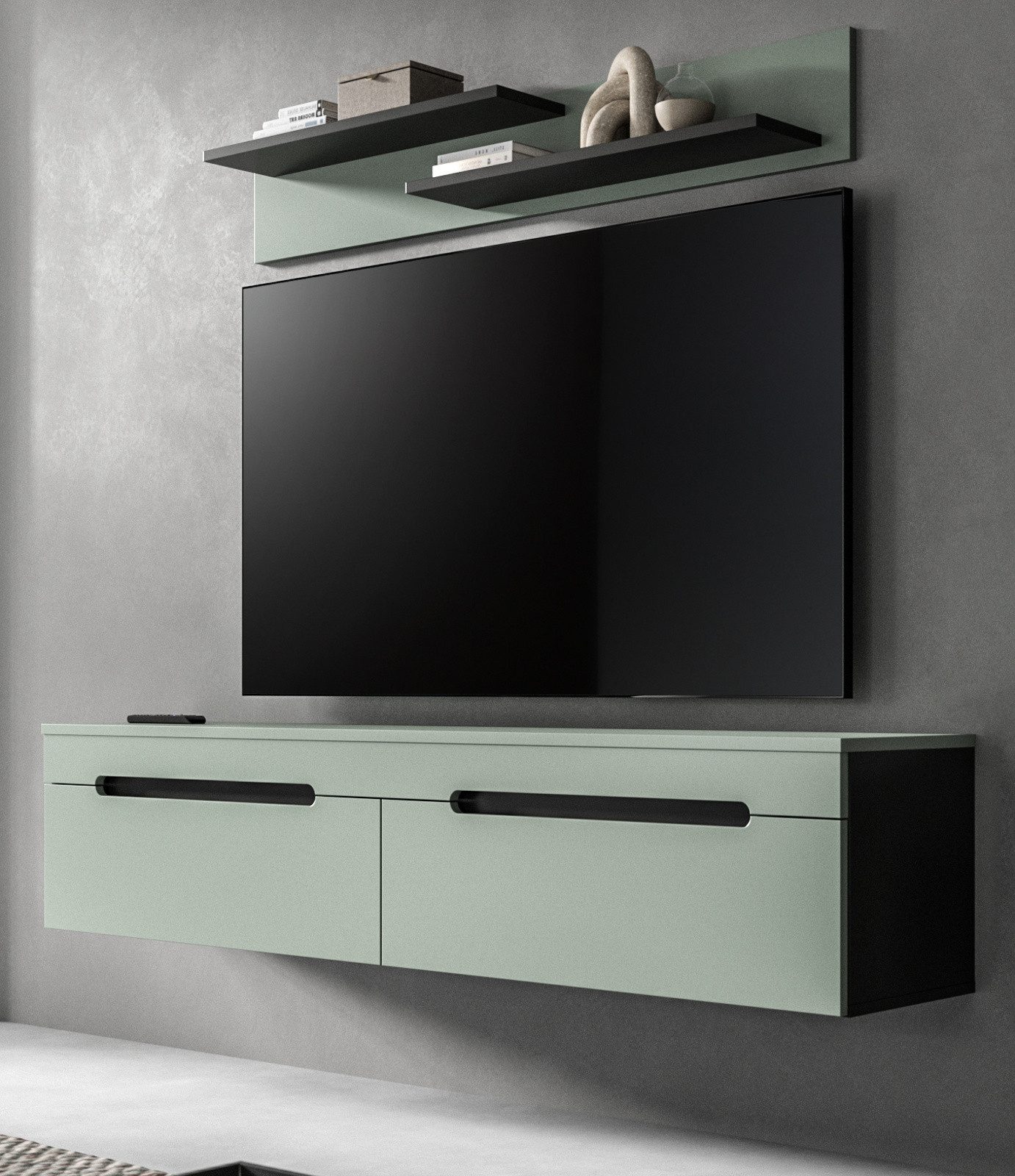 Inn.Furn Wohnwand Cooper, (in Salbei und Basalt Grau, TV Lowboard und Wandregal, Breite 170 cm), Lowboard hängend oder stehend