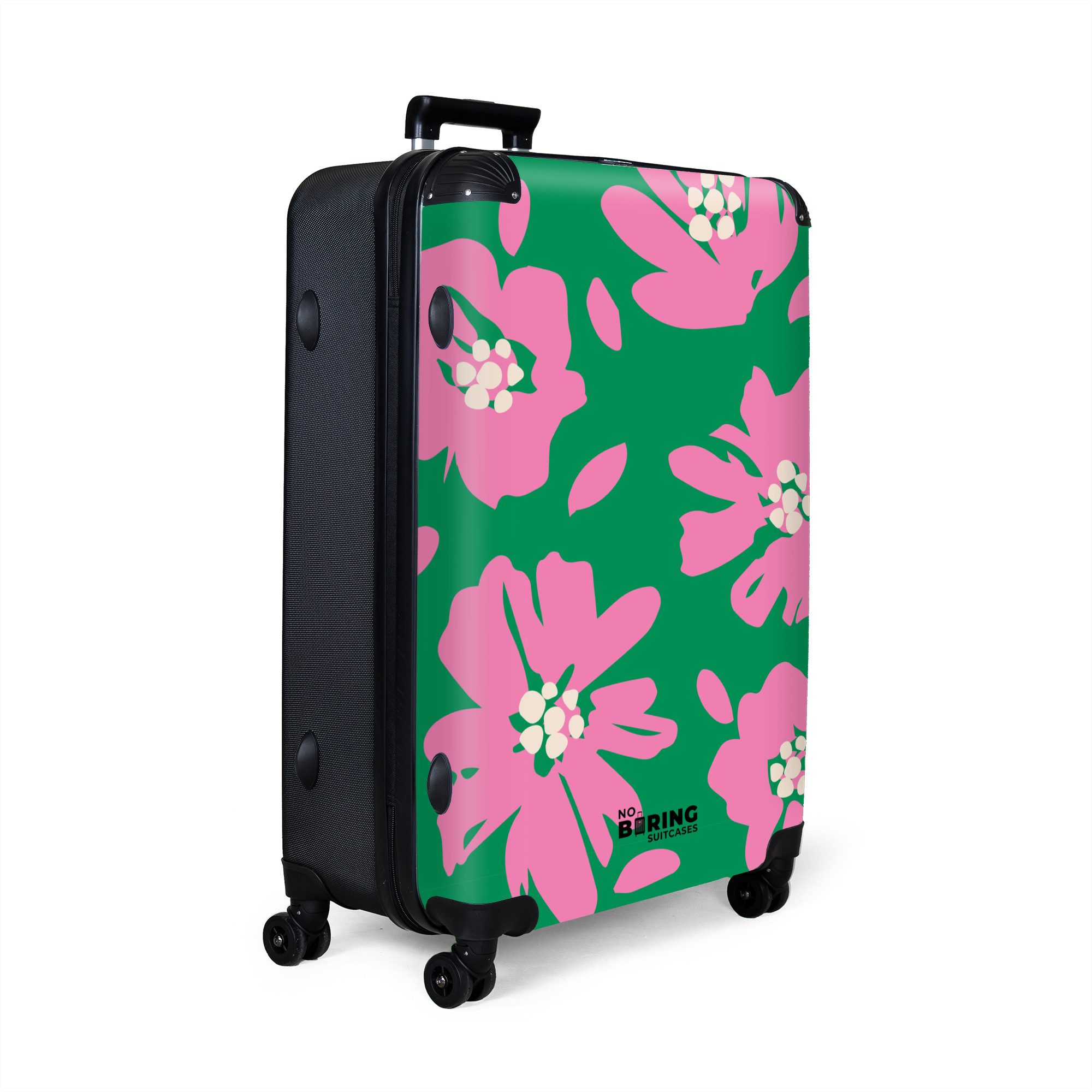 NoBoringSuitcases.com© Hartschalen-Trolley Grün mit rosa Blüten günstig online kaufen