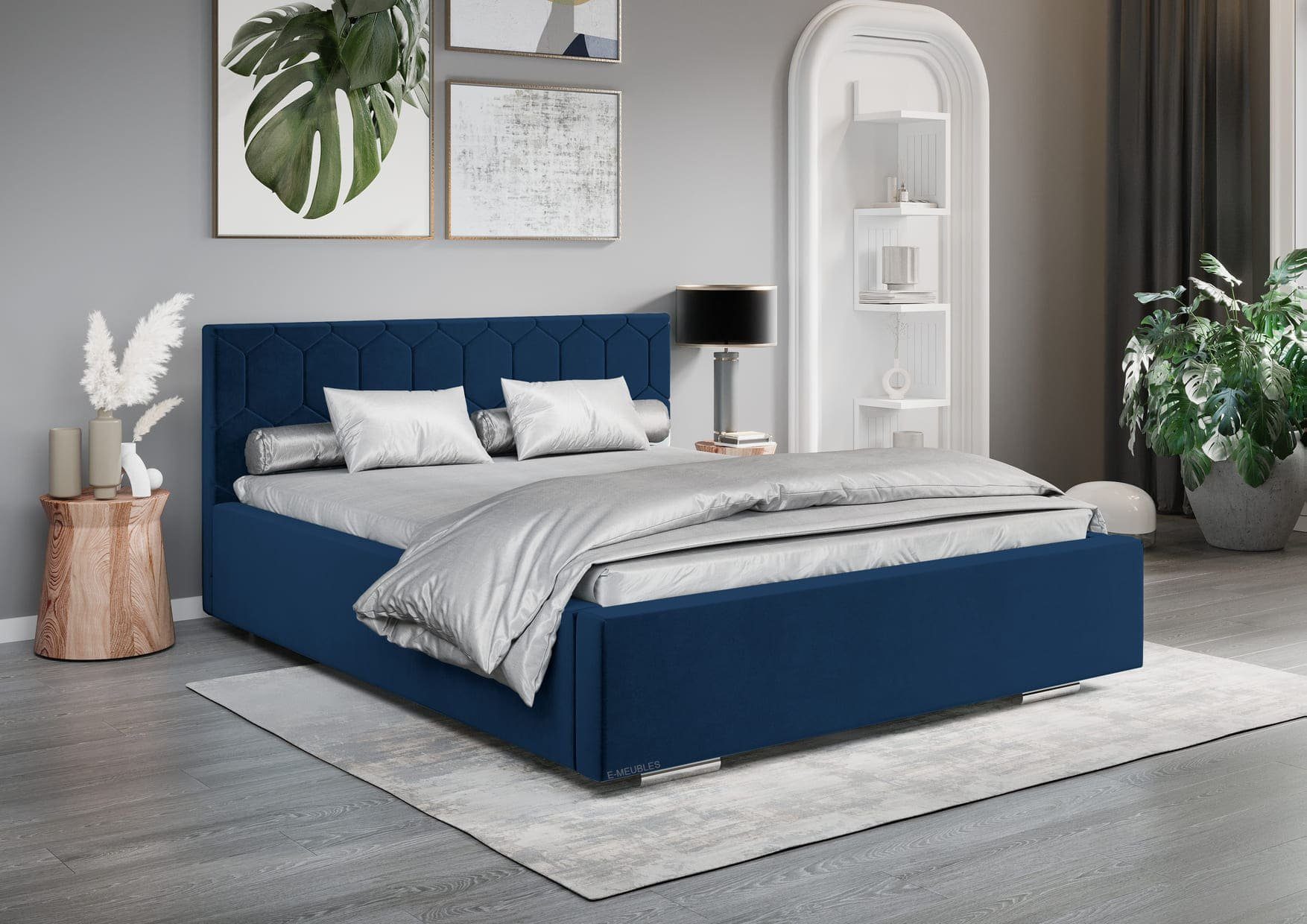 Bettkasten gepolstertes Doppelbett Marineblau (Trinity Kopfstütze, Kopfteil 31) Bett Lattenrost), 02 mit und Polsterbett MOEBLO (Double mit Rahmenbettgestell,