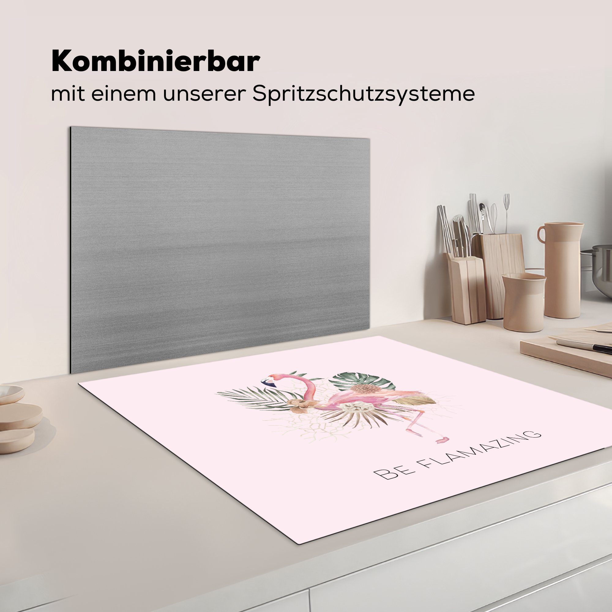 (1 Ceranfeldabdeckung, - Blumen Flamingo - - 78x78 cm, Vinyl, Arbeitsplatte MuchoWow küche für Herdblende-/Abdeckplatte tlg), Pastell, Blätter