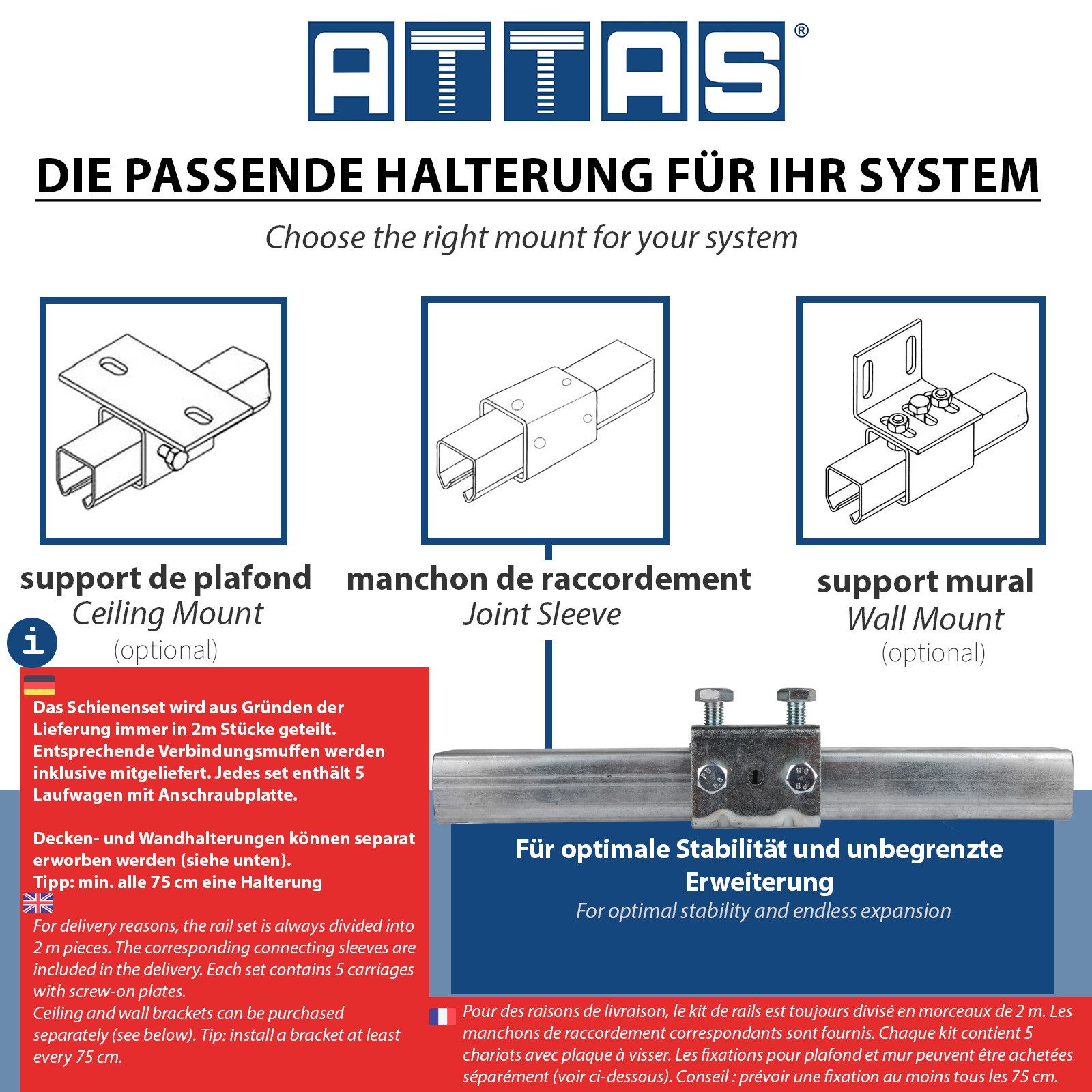ATTAS Schiebetür Schiebetürsystem mit Laufschienen, Rollen für Schiebetüren & Tore (Set, inkl. Laufwagen), Schiebetür Beschlag – Bild 2 von 5