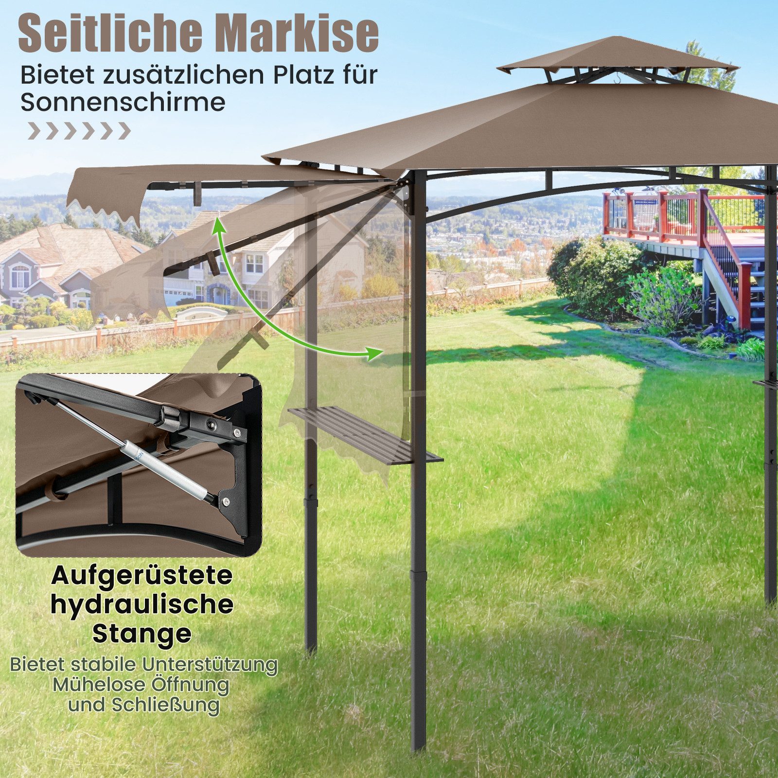 COSTWAY Grillpavillon, 318 x 153 x 250 cm BBQ Pavillon mit Seitenmarkise