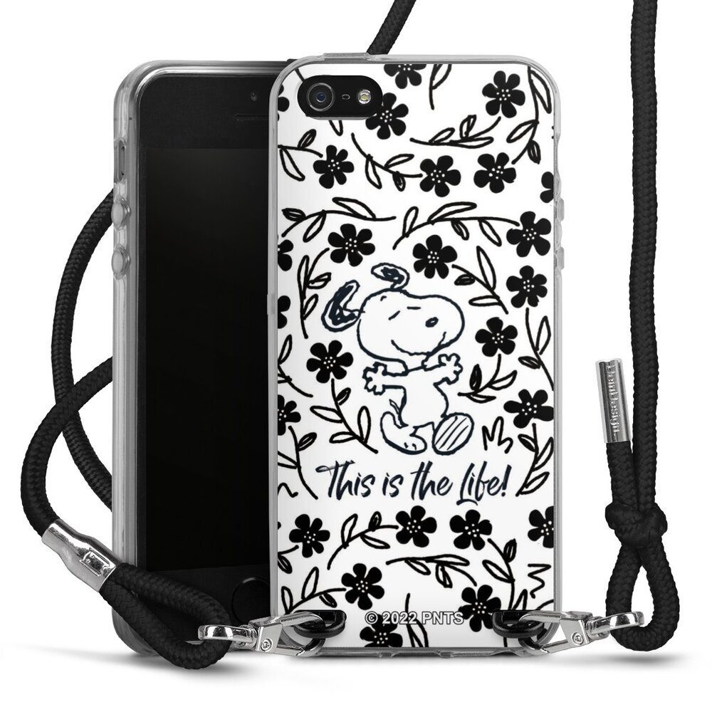 DeinDesign Handyhülle Peanuts Blumen Snoopy Snoopy Black and White This Is The Life, Apple iPhone 5 Handykette Hülle mit Band Case zum Umhängen