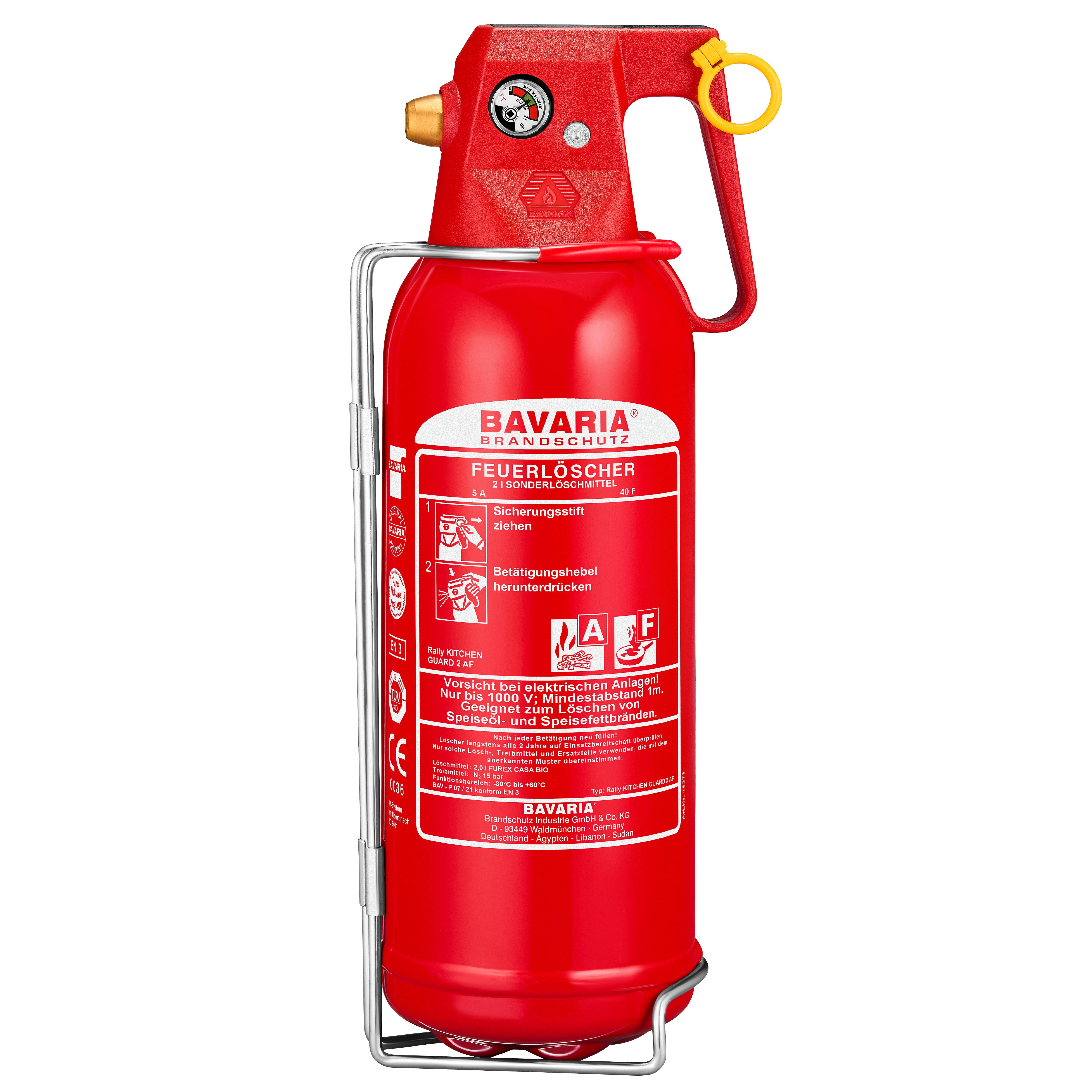 BAVARIA Brandschutz Schaum-Feuerlöscher Rally Kitchen Guard 2 AF, Fettbrandlöschmittel, Fettbrandfeuerlöscher mit fluorfreiem Spezialschaummittel