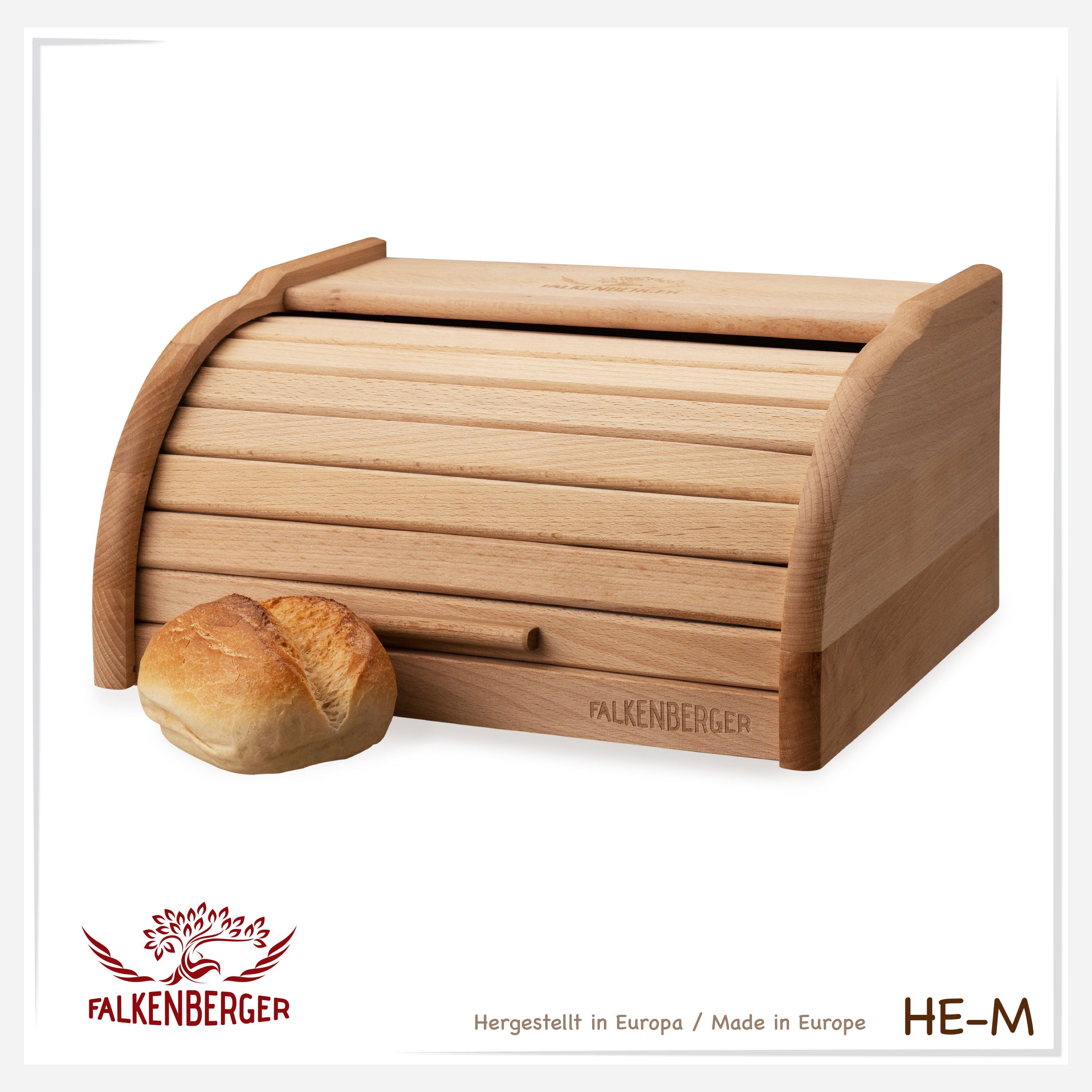 M (1-tlg., Roll-Deckel Brotkasten Brot Teilig), mit 1 Handmade Holz, FALKENBERGER Brotbox 31,7x24,8x15,5cm, Rollbrotkasten traditionell Brotkasten für