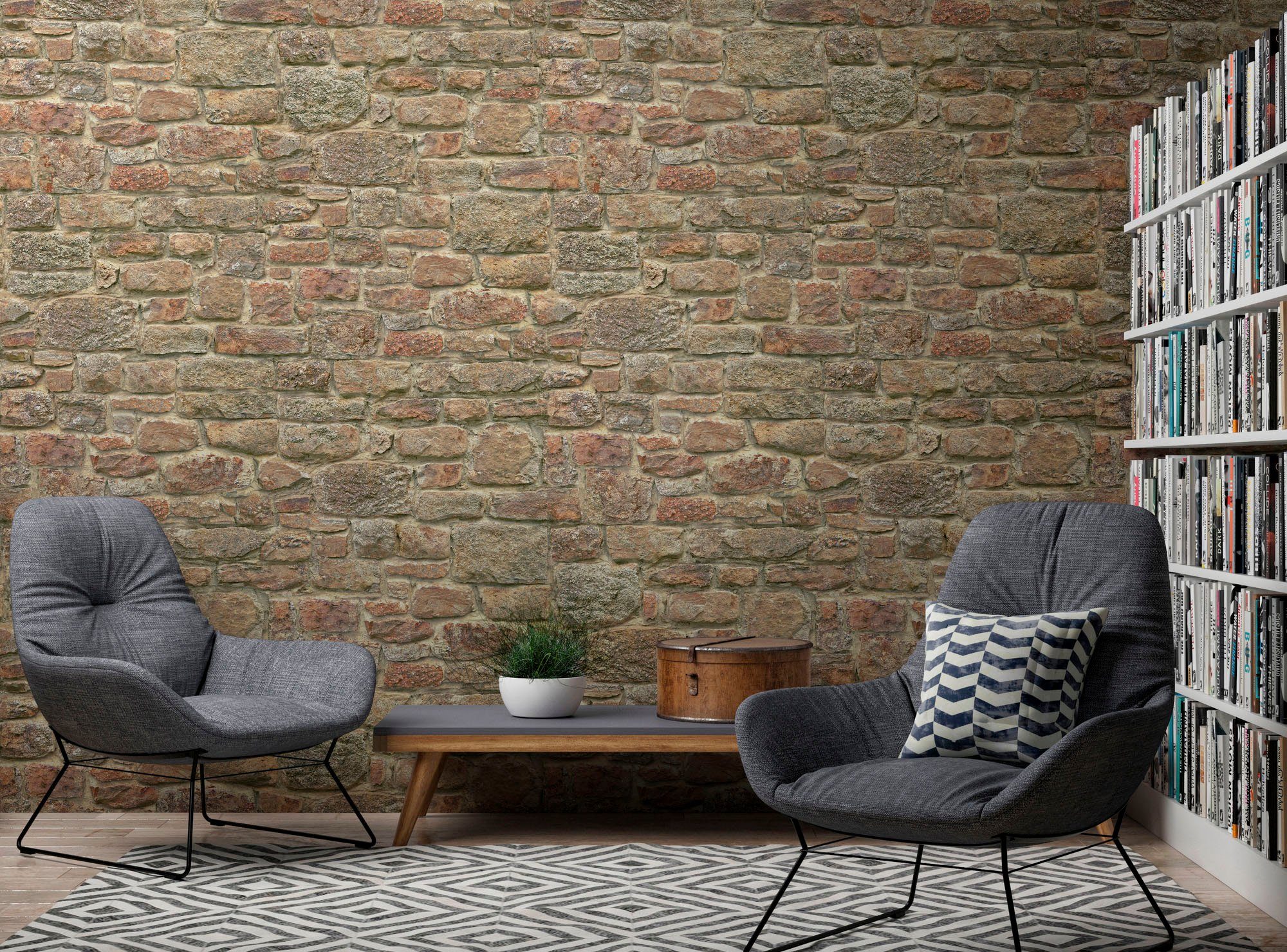 living walls Fototapete, glatt, matt, gemustert, neutral, (1 St), Steinwand Steinoptik Tapeten Wohnzimmer Schlafzimmer Küche Design Büro