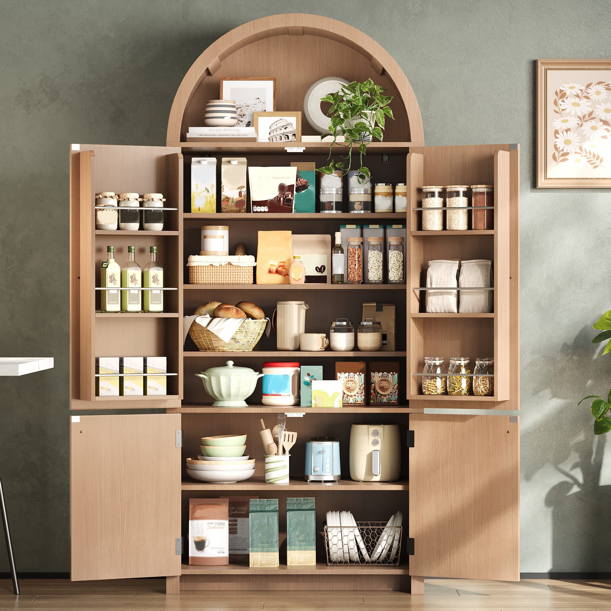 Flieks Hochschrank Bogenschrank mit verstellbarer Einlegeböden und Türregalen (180×80×40 cm, 1-St) Mehrzweckschrank Küchenschrank Highboard Holzoptik Natur