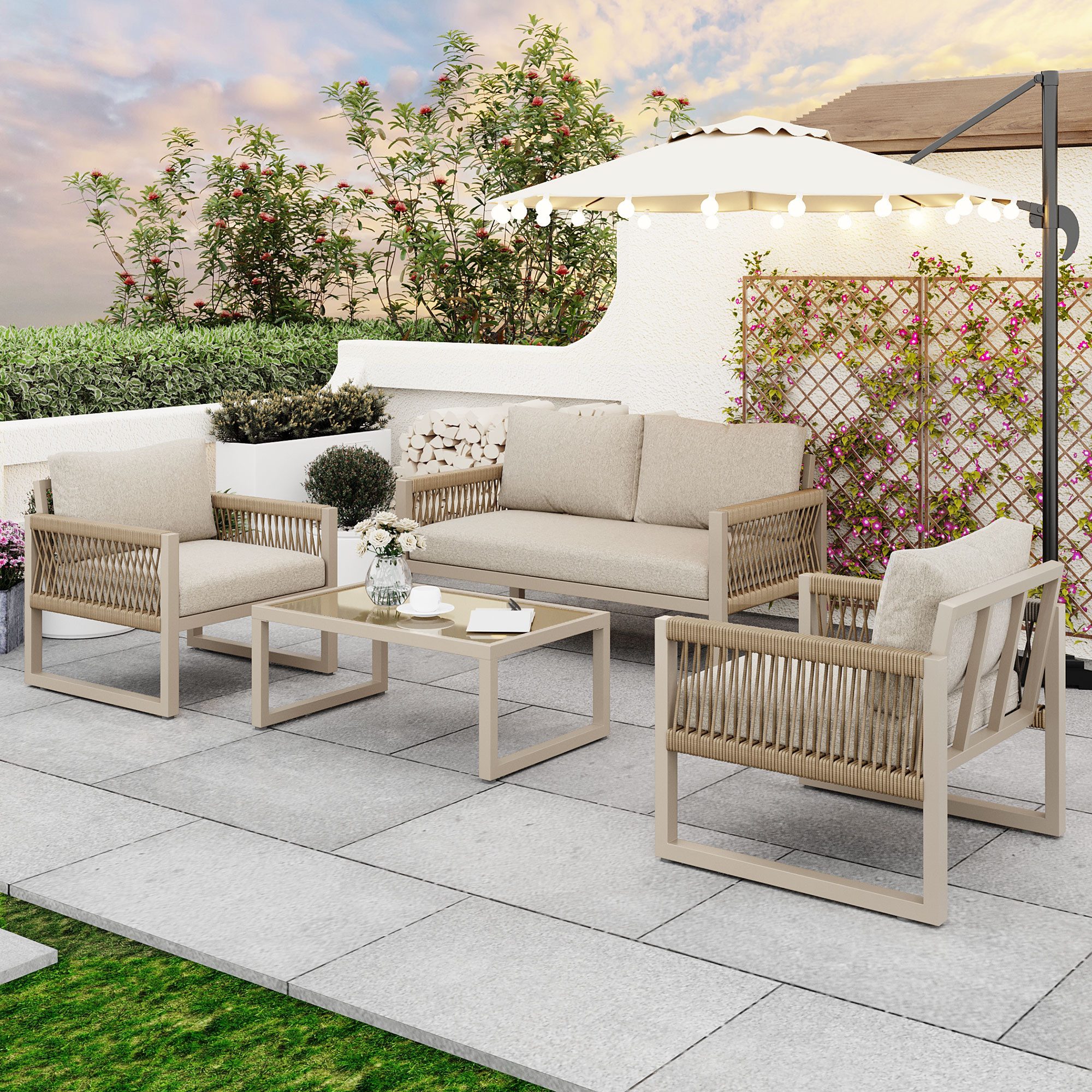 Flieks Gartenlounge-Set, 4 Sitzer Gartenmöbel Sitzgruppe Balkonset aus Eisen und Seil