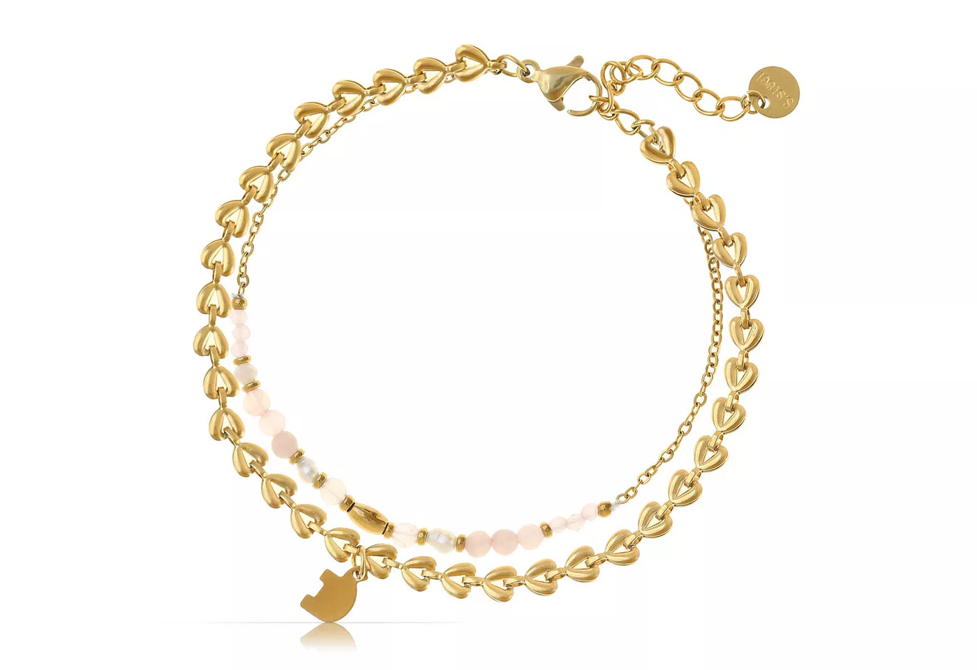 Made by Nami Armband Set Zweireihiges Damen Armband goldfarben Perlen Anhänger verstellbar, mit Anhängern – layered Design – mit Verlängerung - aus Edelstahl