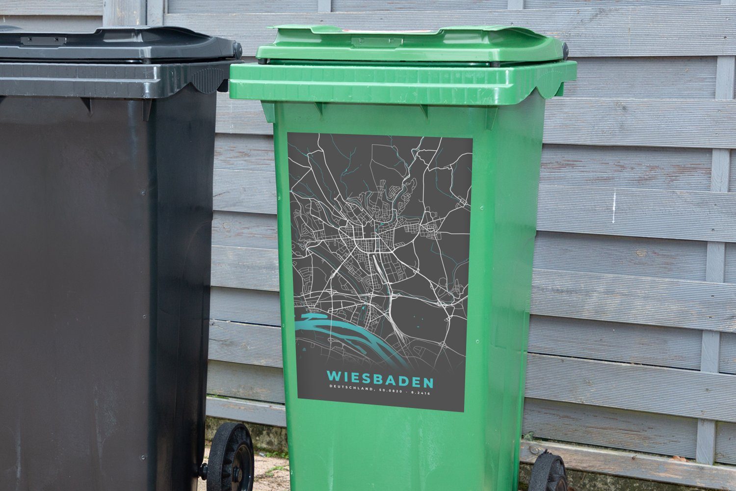 St), Wandsticker - Stadtplan Mülltonne, Deutschland Abfalbehälter (1 Blau Mülleimer-aufkleber, - MuchoWow Container, - Sticker, - Karte Wiesbaden