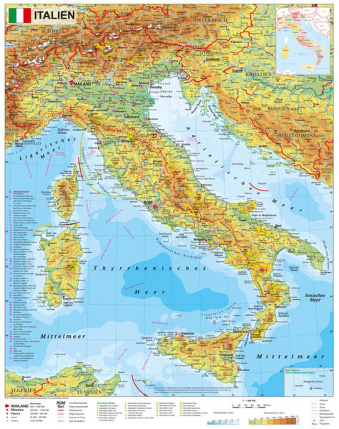 Italien physisch, Wandkarte / Poster / Heinrich Stiefel