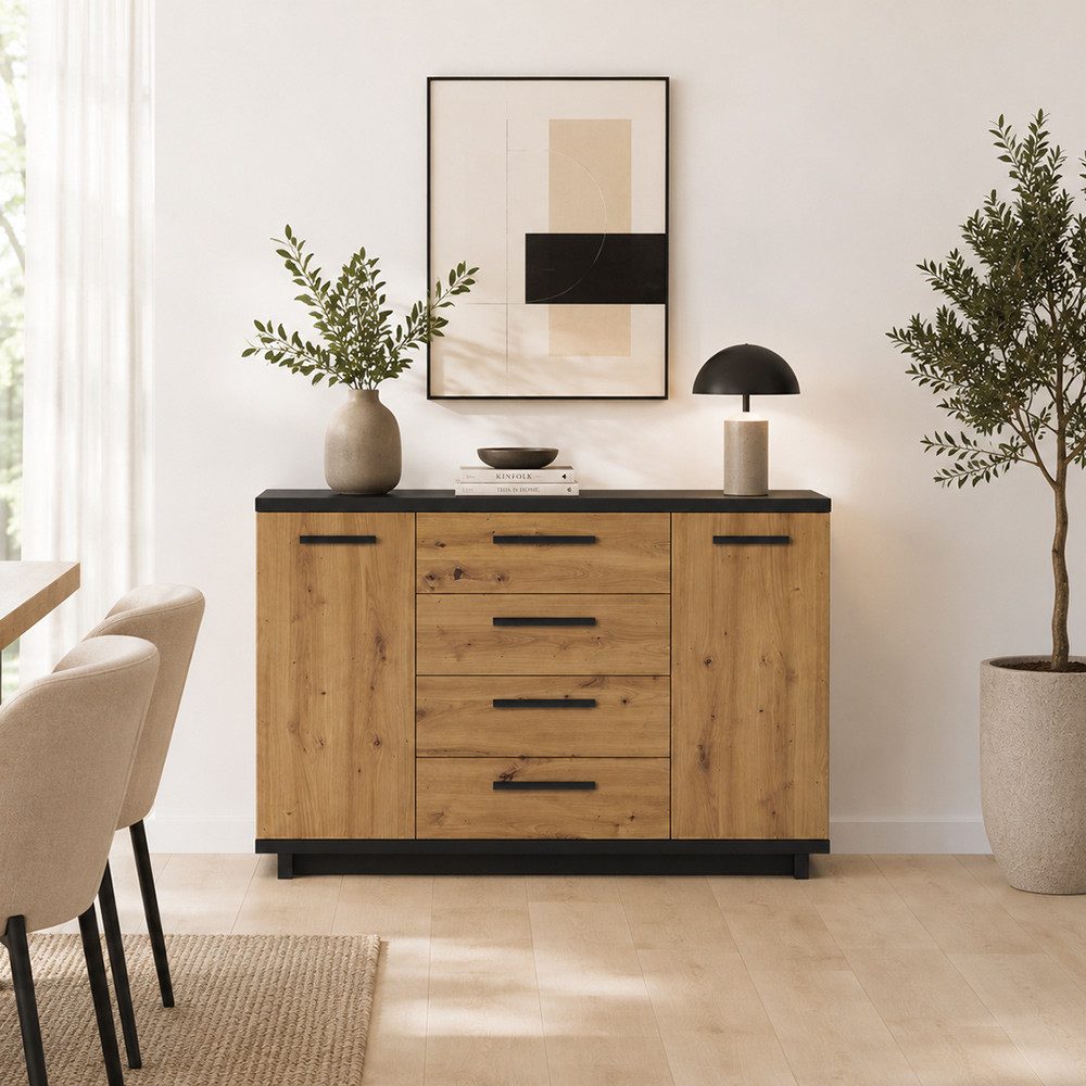 Lomadox Sideboard ISOLA-132, 135 cm breit, in Eiche und Schwarz